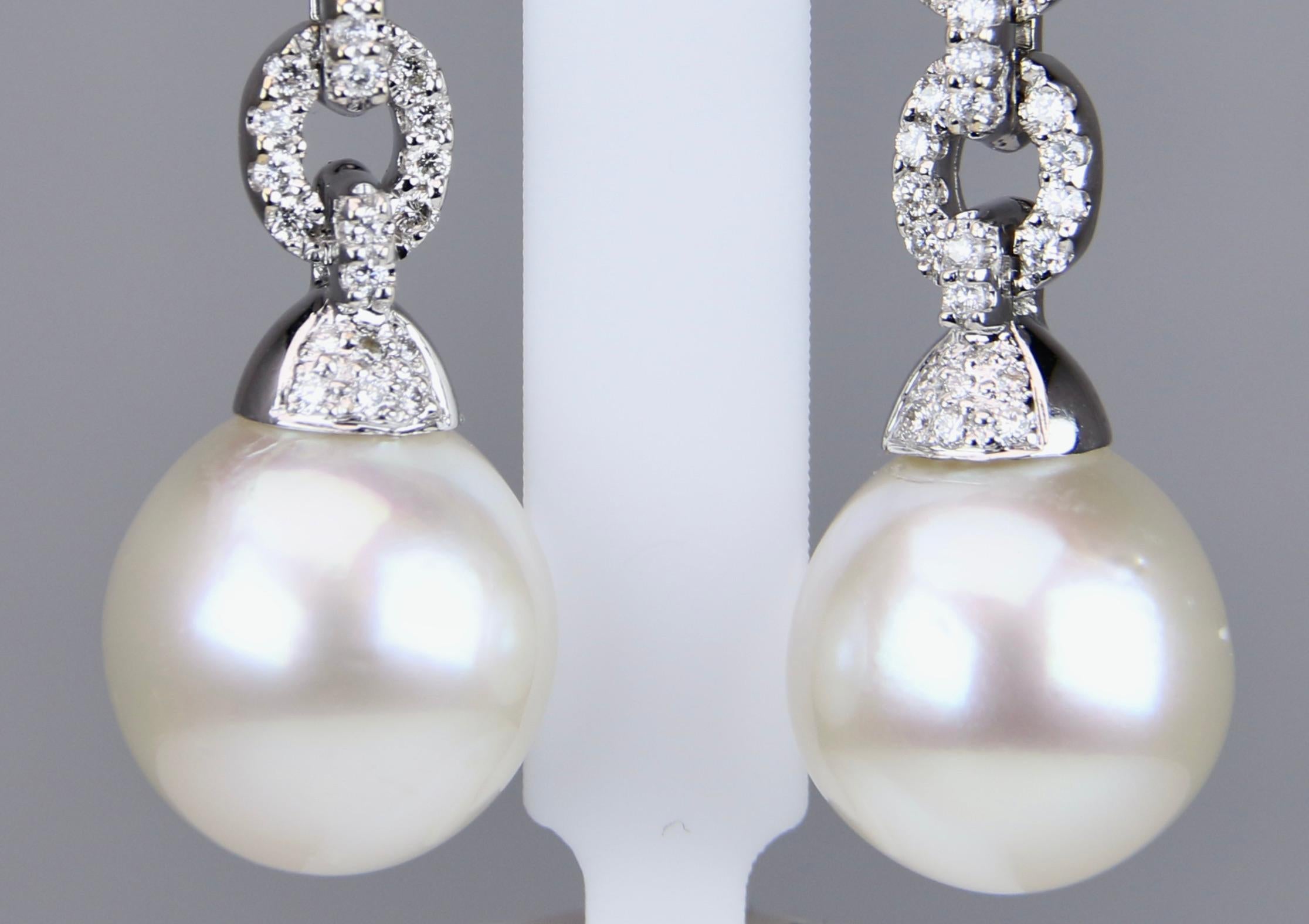 Round Cut Assael 18 Karat White Gold South Sea Pearl and Diamond Dangle Earrings
