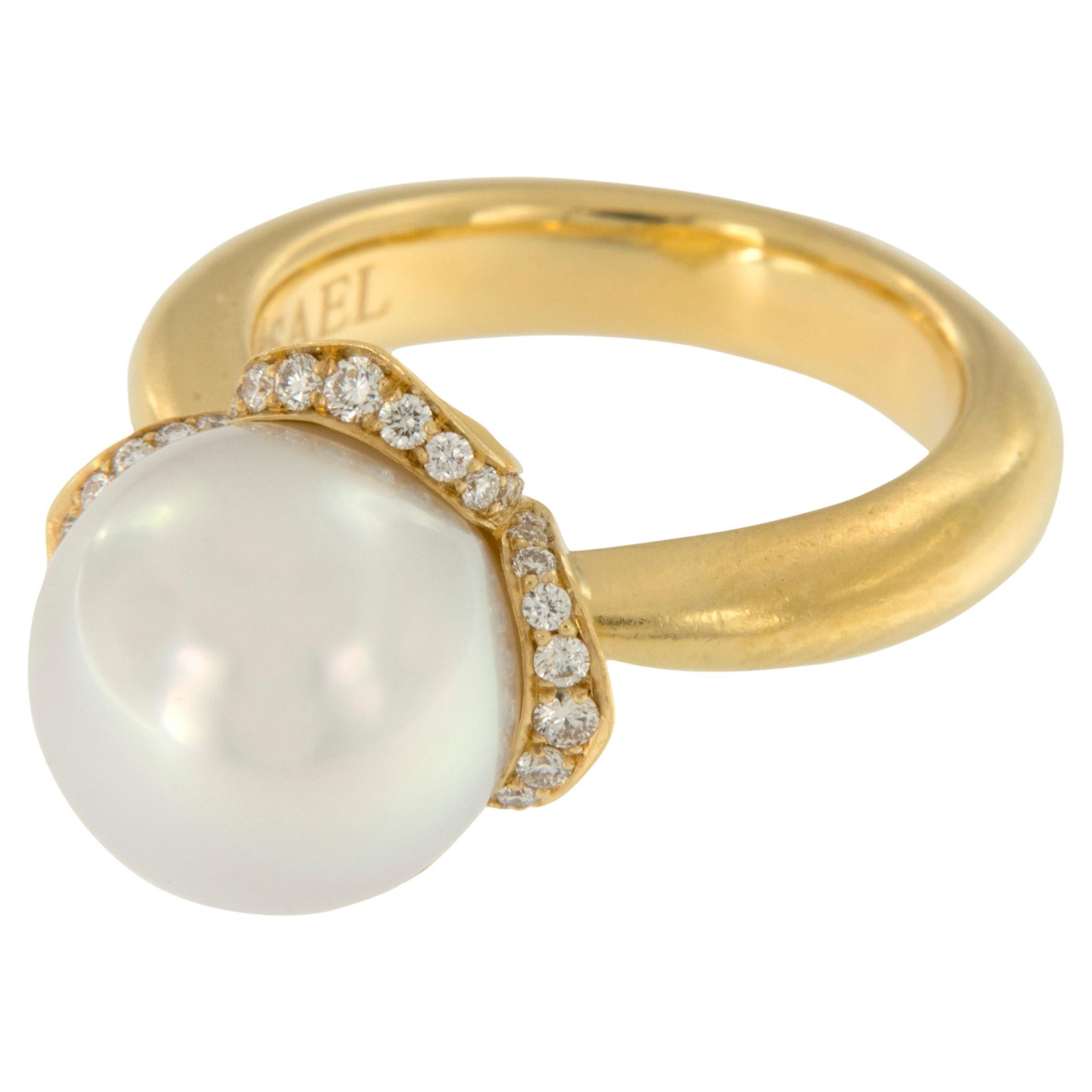 Assael 20 Karat Yellow Gold Gem South Sea Pearl and 0.31 Cttw. Diamond Ring