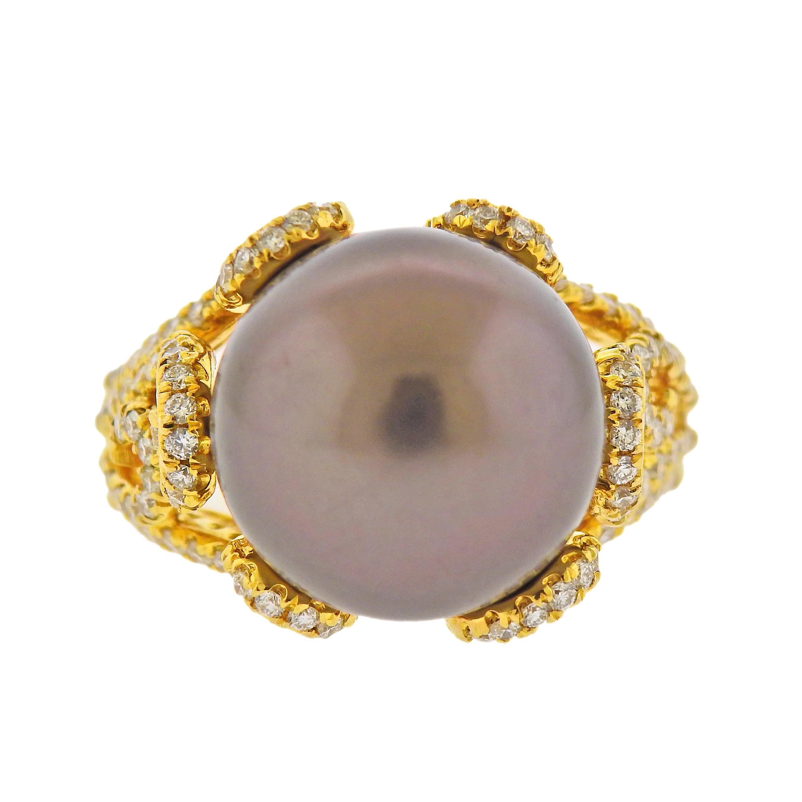 18k yellow gold Chocolate South Sea Pearl ring by Assael, set with approx 1.18 ctw of VS G diamonds. Brand new without tags, comes with Assael pouch. Retail - $7800. Ring size - 9.
 Weight - 13.7 grams. Marked: Assael, 750.