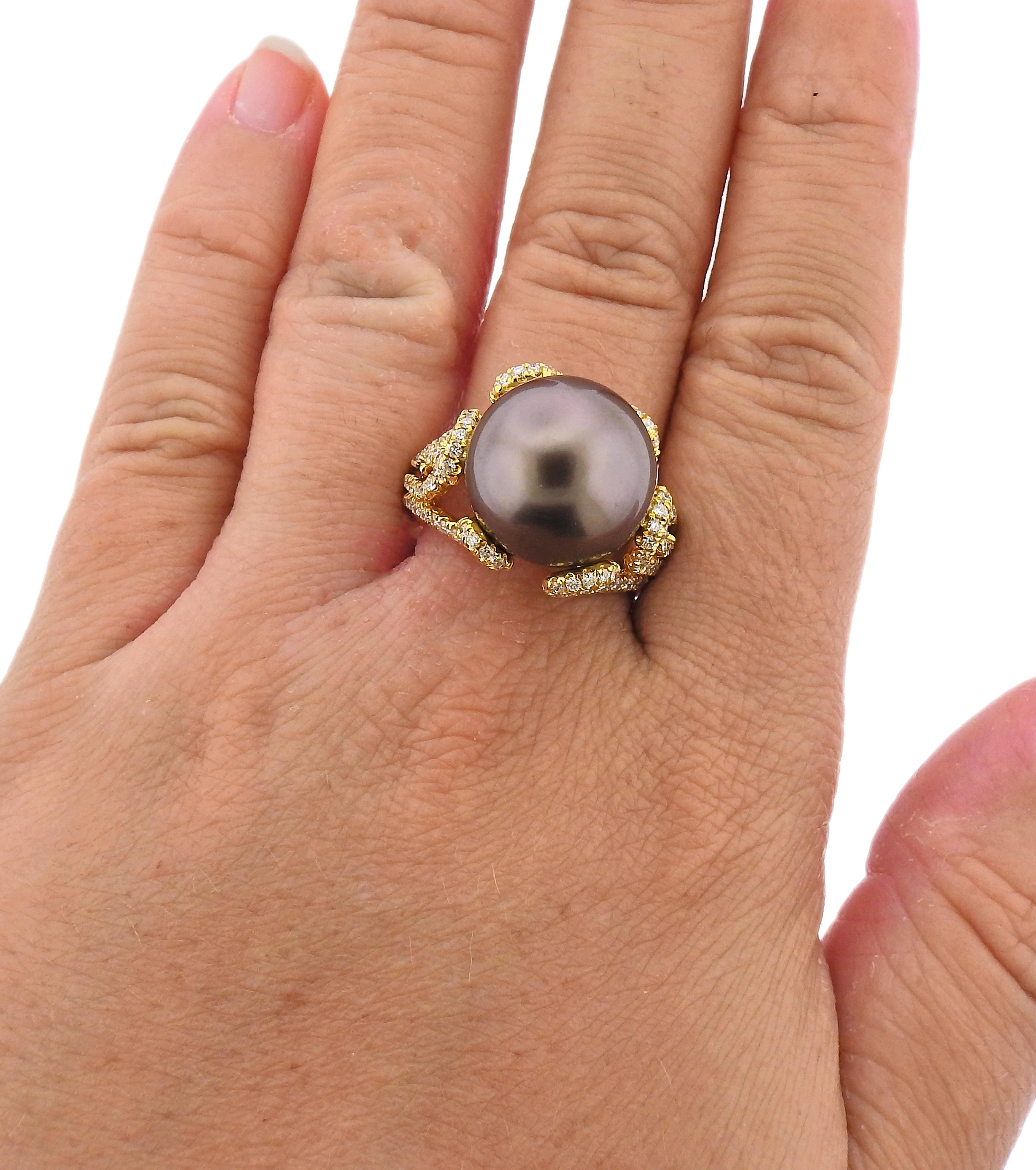 Round Cut Assael Chocolate South Sea Pearl Diamond Gold Ring For Sale
