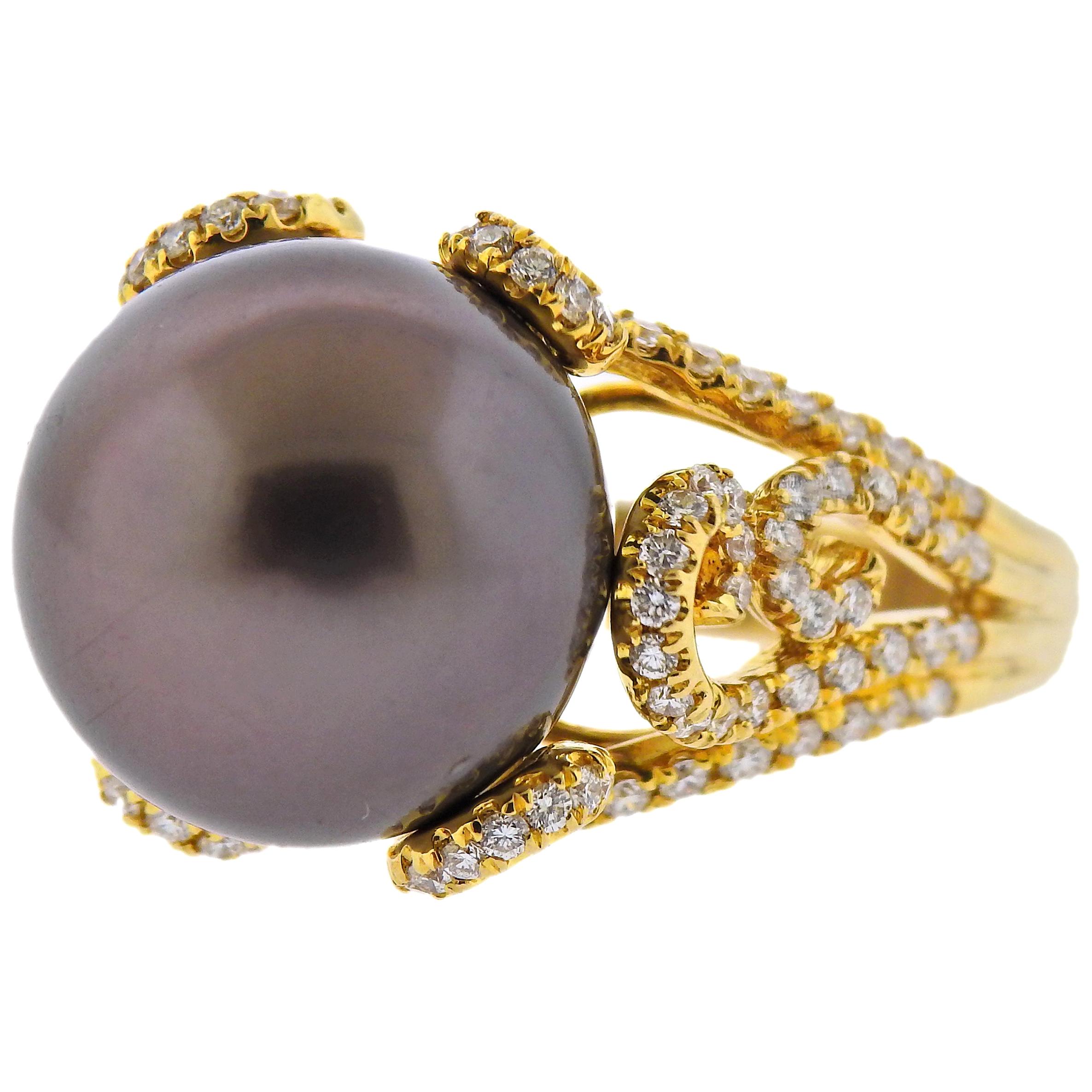 Assael Chocolate South Sea Pearl Diamond Gold Ring For Sale