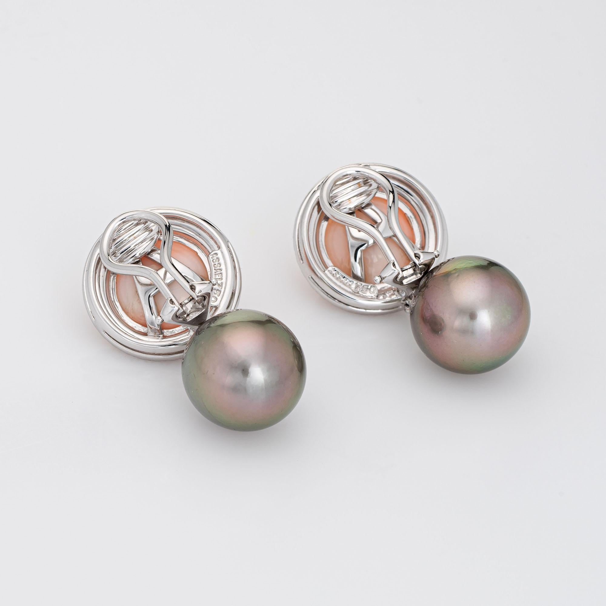 Elegant pair of estate Assael angel skin coral, diamond & Tahitian South Sea pearl earrings crafted in 18k white gold. 

Round brilliant cut diamonds total an estimated 1.25 carats (estimated at F-G color and VVS2 clarity). The coral measures 11mm x