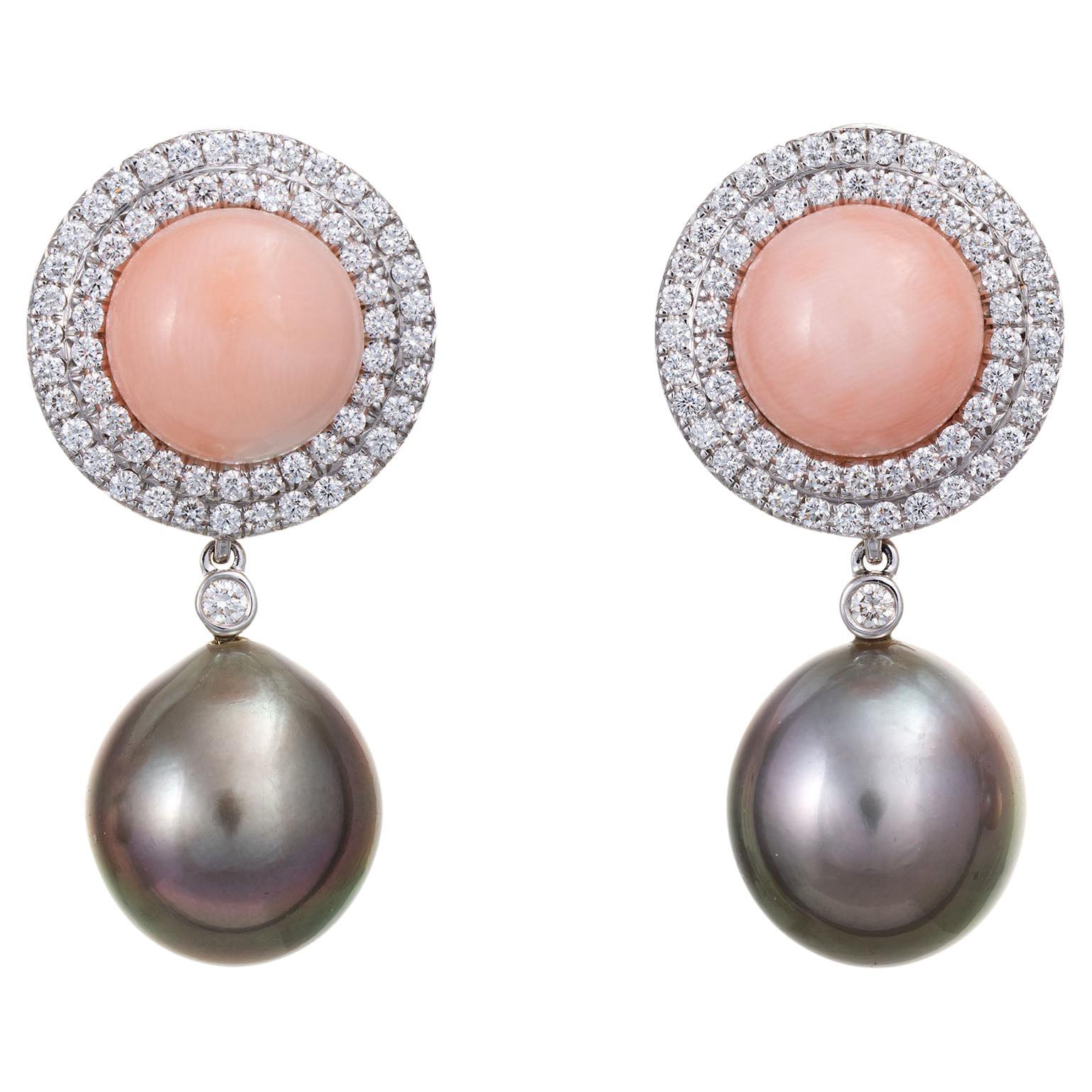 Assael Coral Diamond Earrings Tahitian South Sea Pearls Estate 18k White Gold For Sale