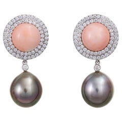 Assael Coral Diamond Earrings Tahitian South Sea Pearls Estate 18k White Gold