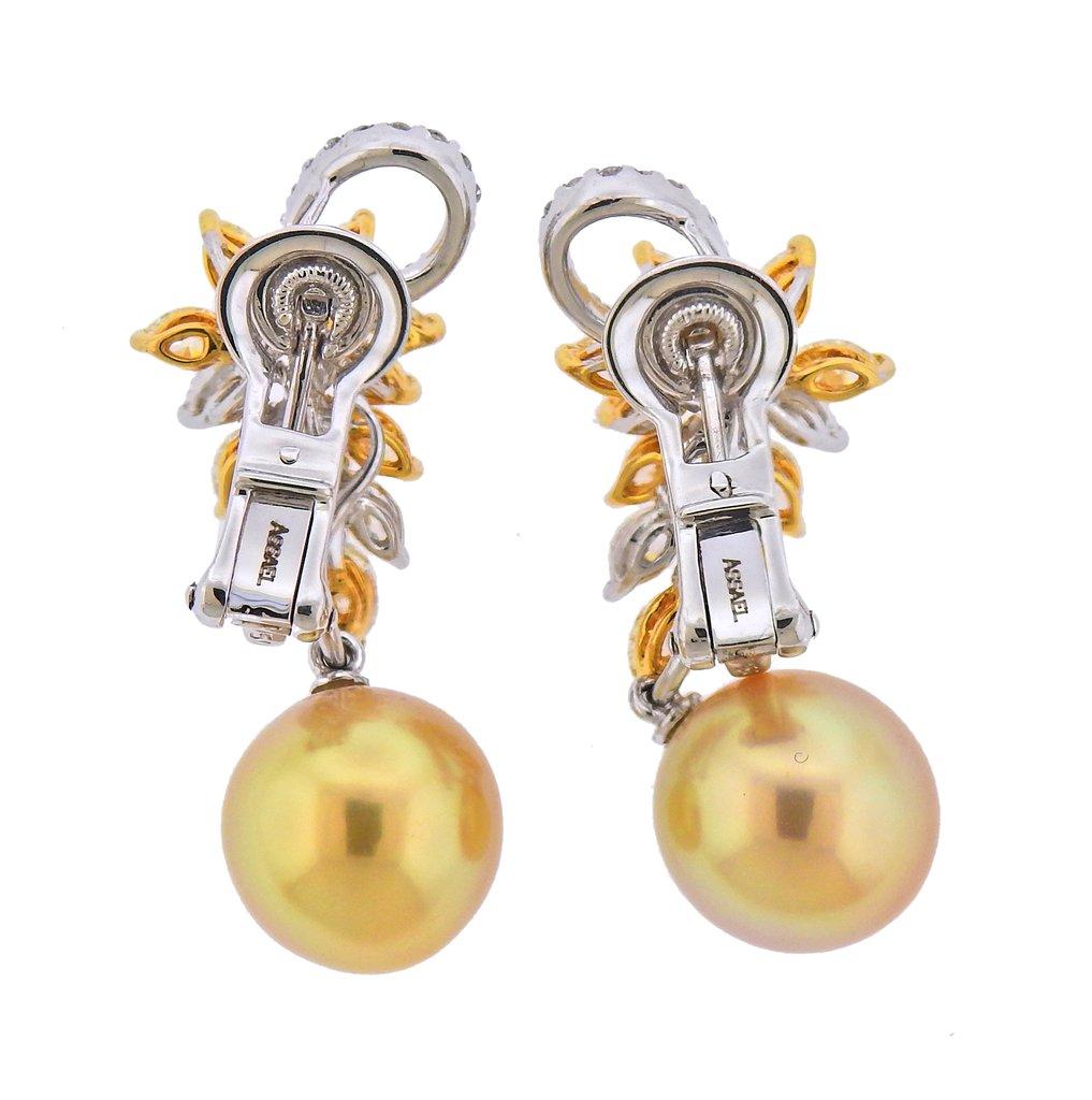 Marquise Cut Assael Diamond Golden South Sea Pearl Gold Earrings