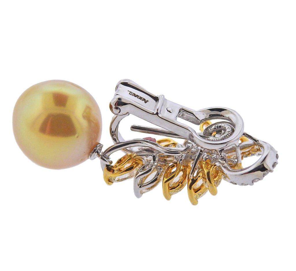 Assael Diamond Golden South Sea Pearl Gold Earrings In New Condition In Lambertville, NJ