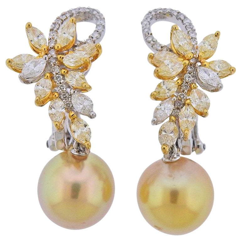 Assael Diamond Golden South Sea Pearl Gold Earrings at 1stDibs