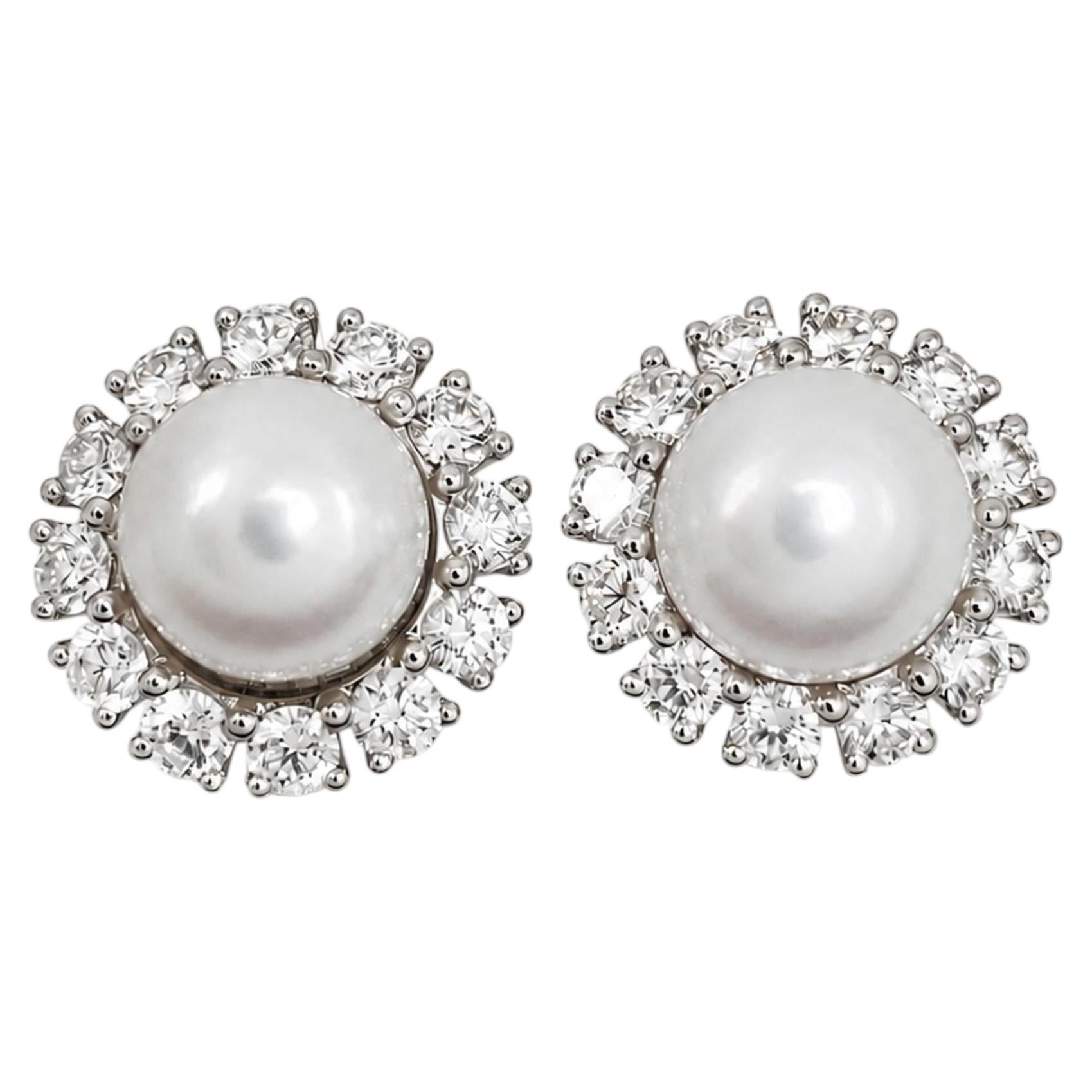 Assael Diamond & South Sea Cultured Pearl Stud Earrings 18K White Gold 1.38Ctw