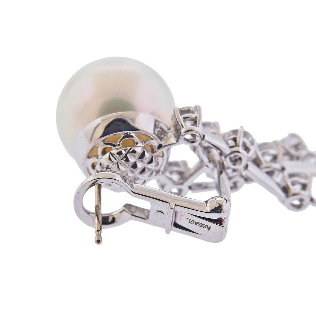 Assael Diamond South Sea Pearl Gold Drop Earrings In New Condition In Lambertville, NJ