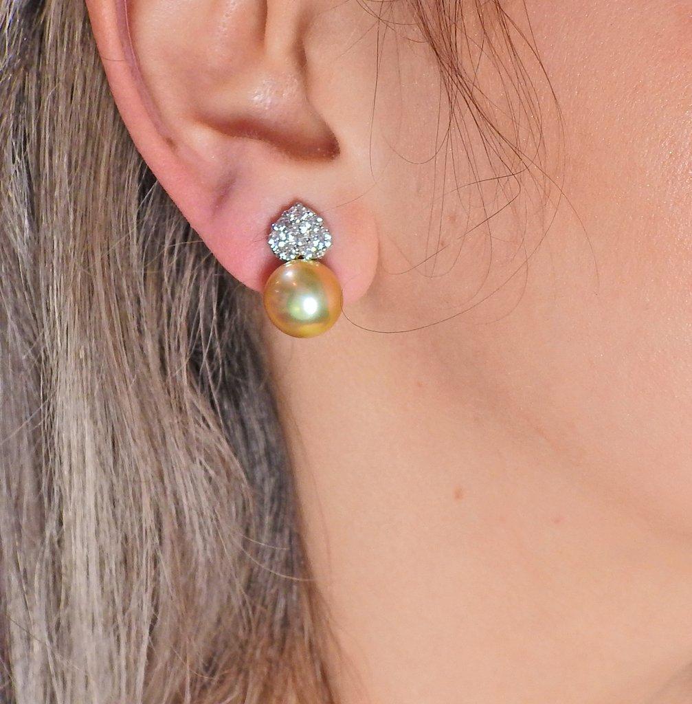 Round Cut Assael Diamond South Sea Pearl Gold Earrings