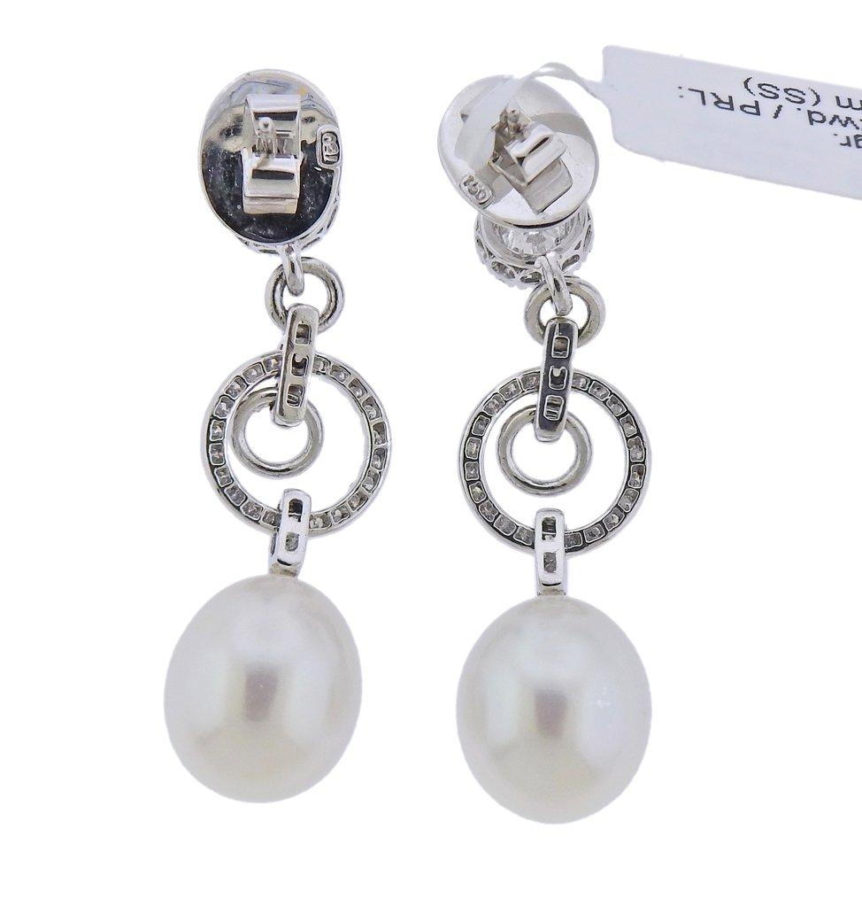 Round Cut Assael Diamond South Sea Pearl Gold Long Drop Earrings For Sale
