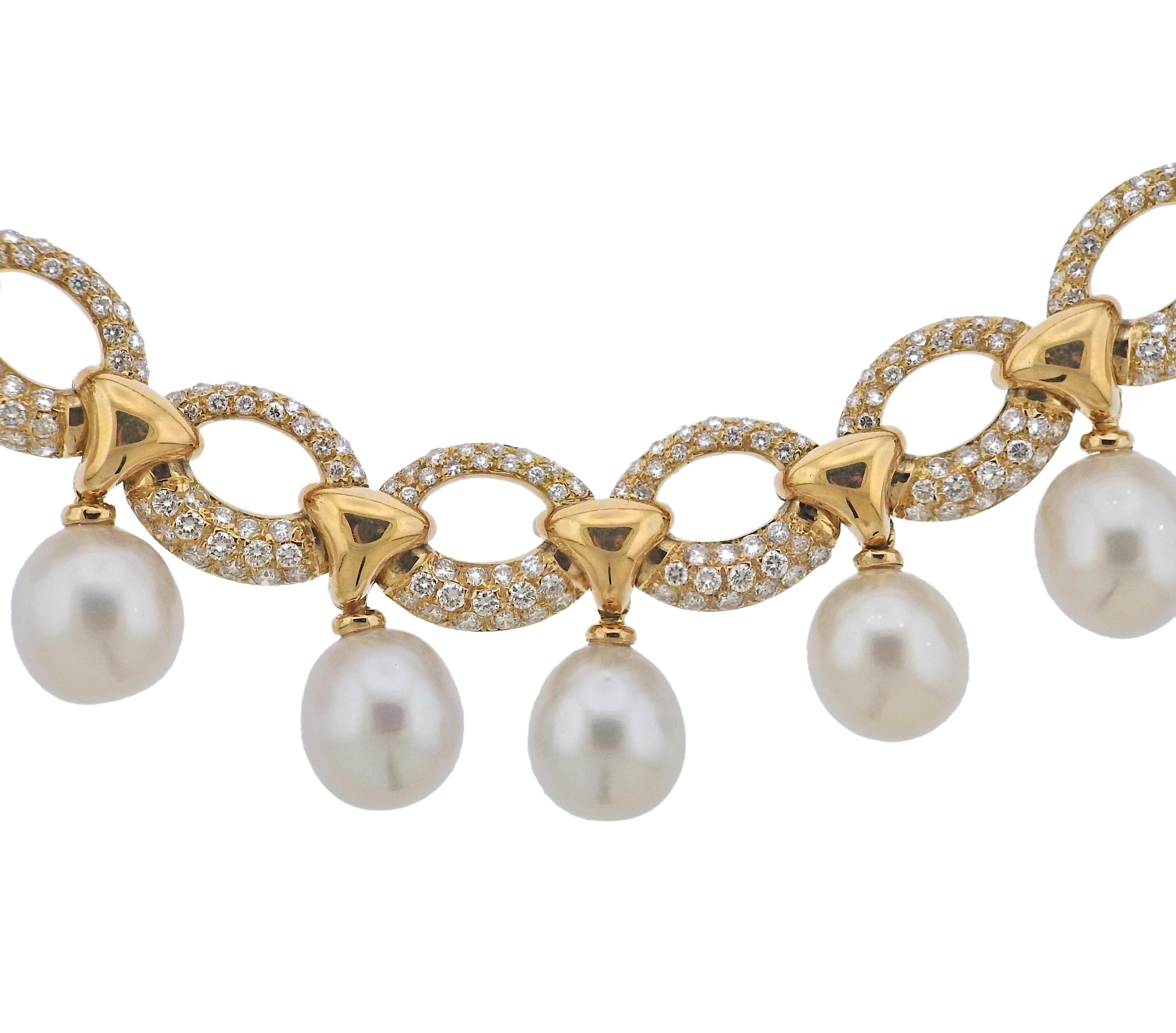 Impressive Assael 18k gold necklace, with 11 x 12mm South Sea pearls and 9.41ctw in G/VS diamonds.  Necklace measures 16.25 inches long. Marked: Assael 750. Weight - 165.5 grams. 