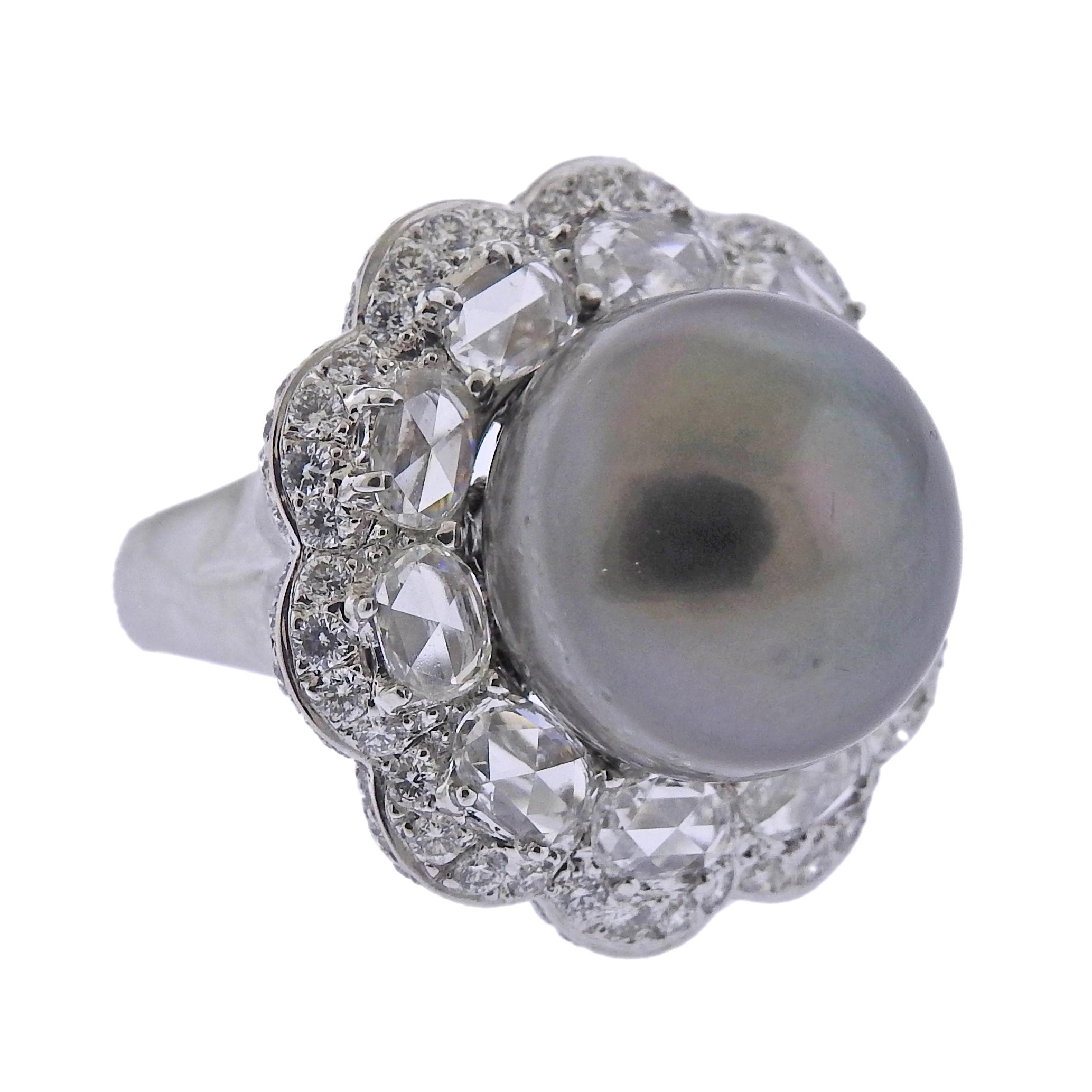 Large 18k white gold cocktail ring by Assael, brand new without tag. With 15.8 x 14.6mm Tahitian South Sea pearl and 4.01ctw in G/VS diamonds.  Retail $23000. Come with pouch. Ring size 7.5, top measures 24mm in diameter. Weight - 18.1 grams.