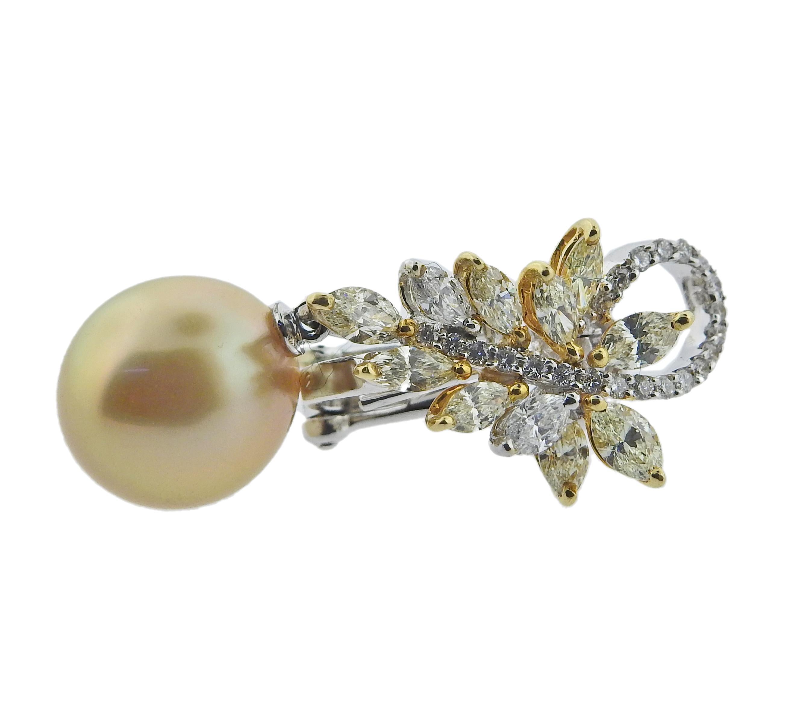 Round Cut Assael Gold South Sea Pearl Diamond Drop Earrings For Sale