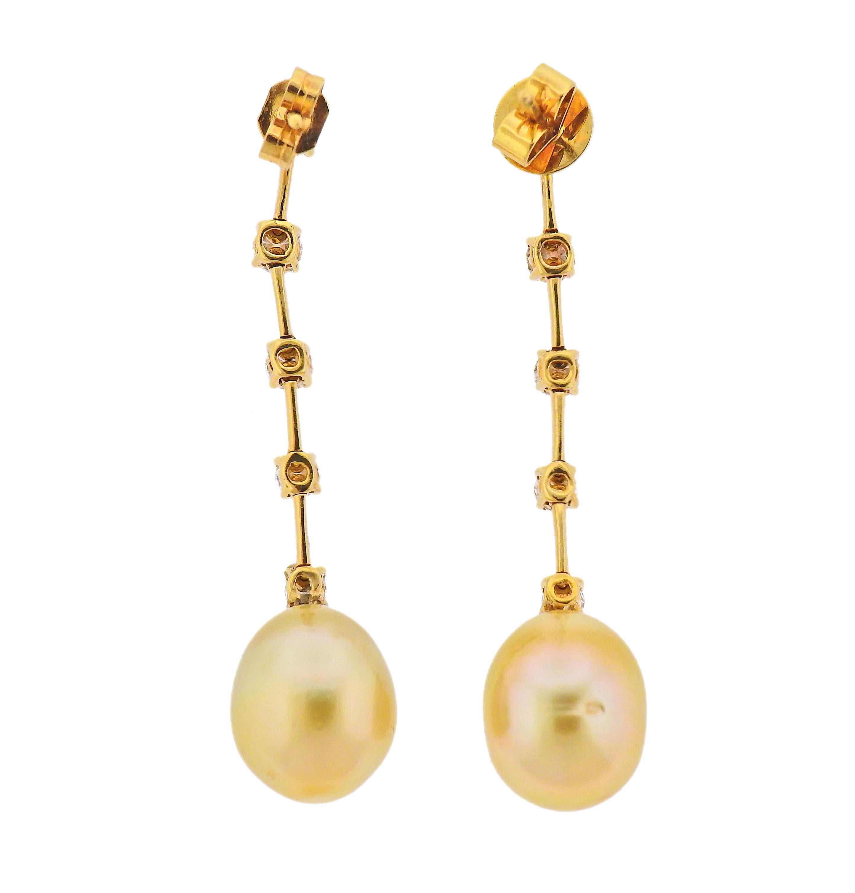 18k yellow gold South Sea Pearl drop earrings by Assael, set with approx 1.26 ctw of VS G diamonds. Brand new without tags, comes with Assael pouch. Retail - $7500. Earrings are 45mm. Pearls - 10.5mm x 13.5mm. Weight - 8.1 grams. Marked:750, Assael.