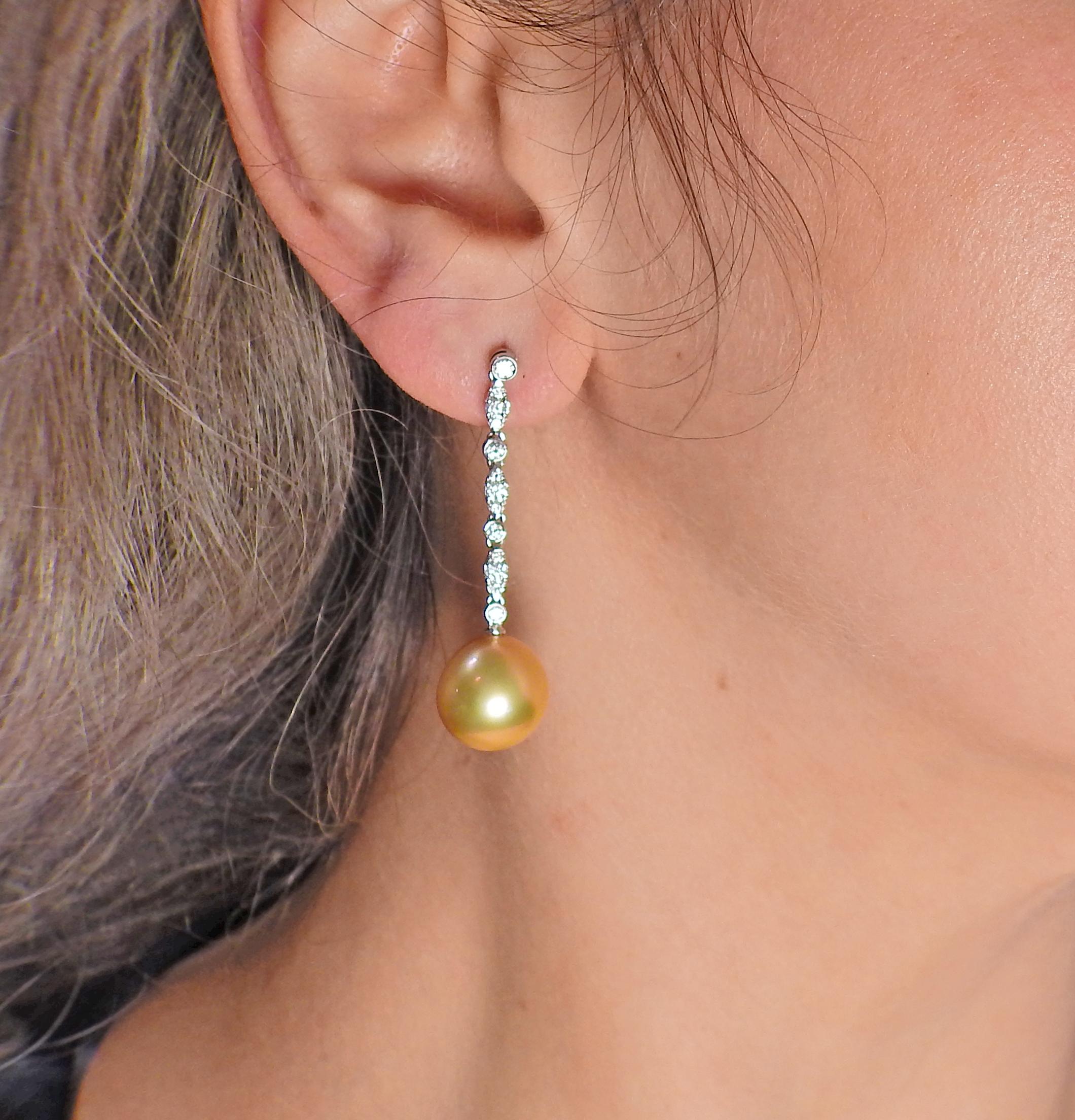 Assael Golden South Sea Pearl Diamond Gold Long Drop Earrings In New Condition In Lambertville, NJ