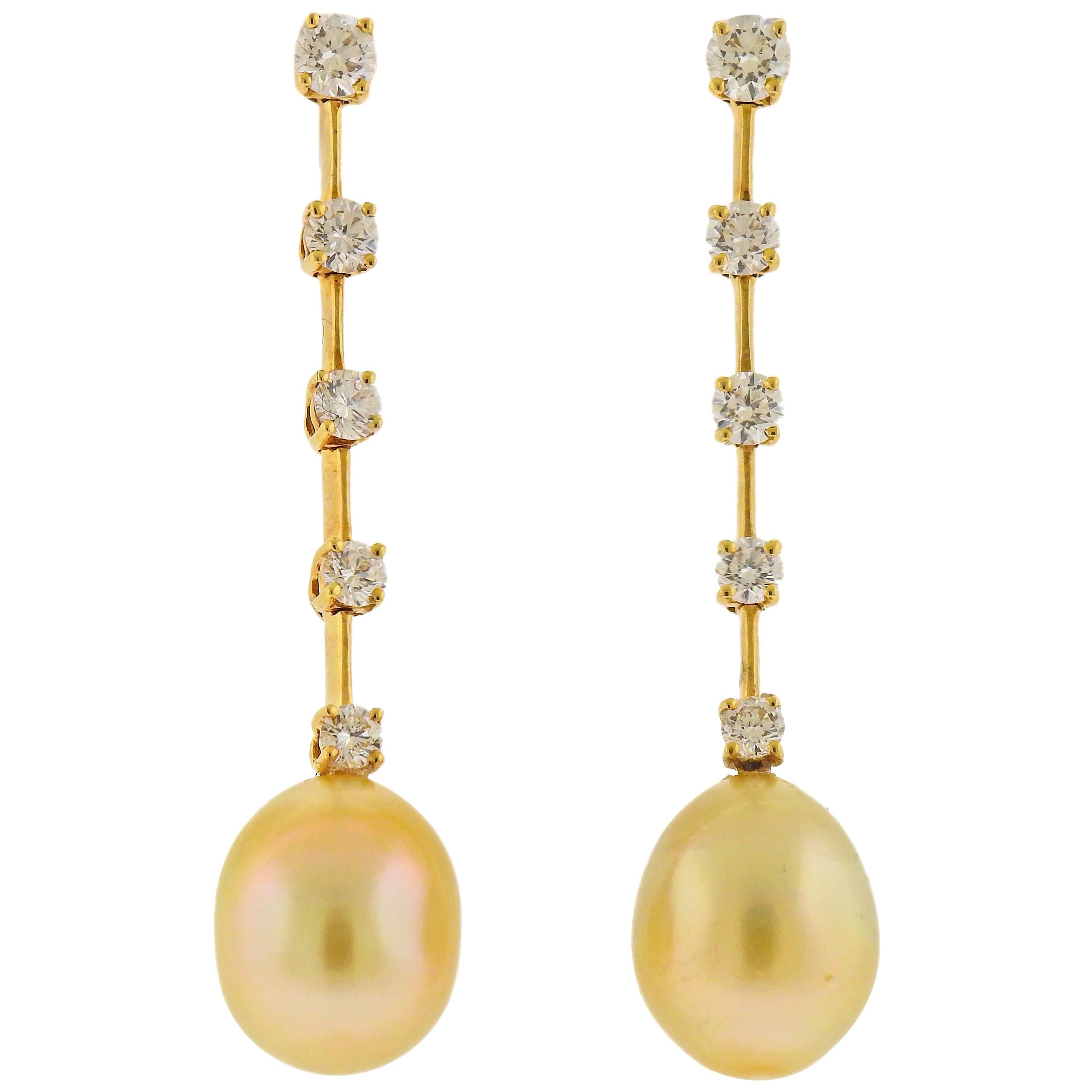 Assael Golden South Sea Pearl Diamond Gold Long Drop Earrings For Sale