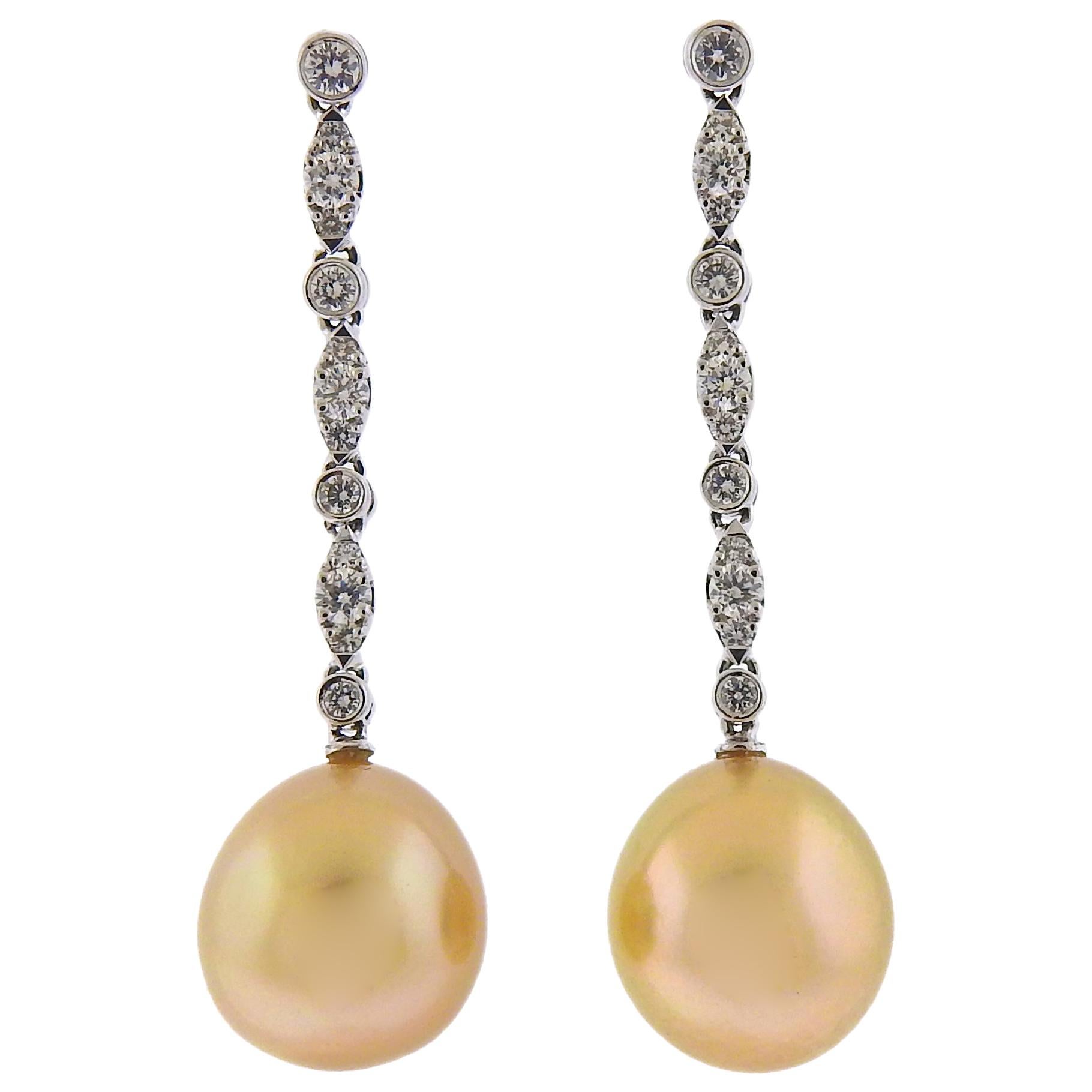 Assael Golden South Sea Pearl Diamond Gold Long Drop Earrings