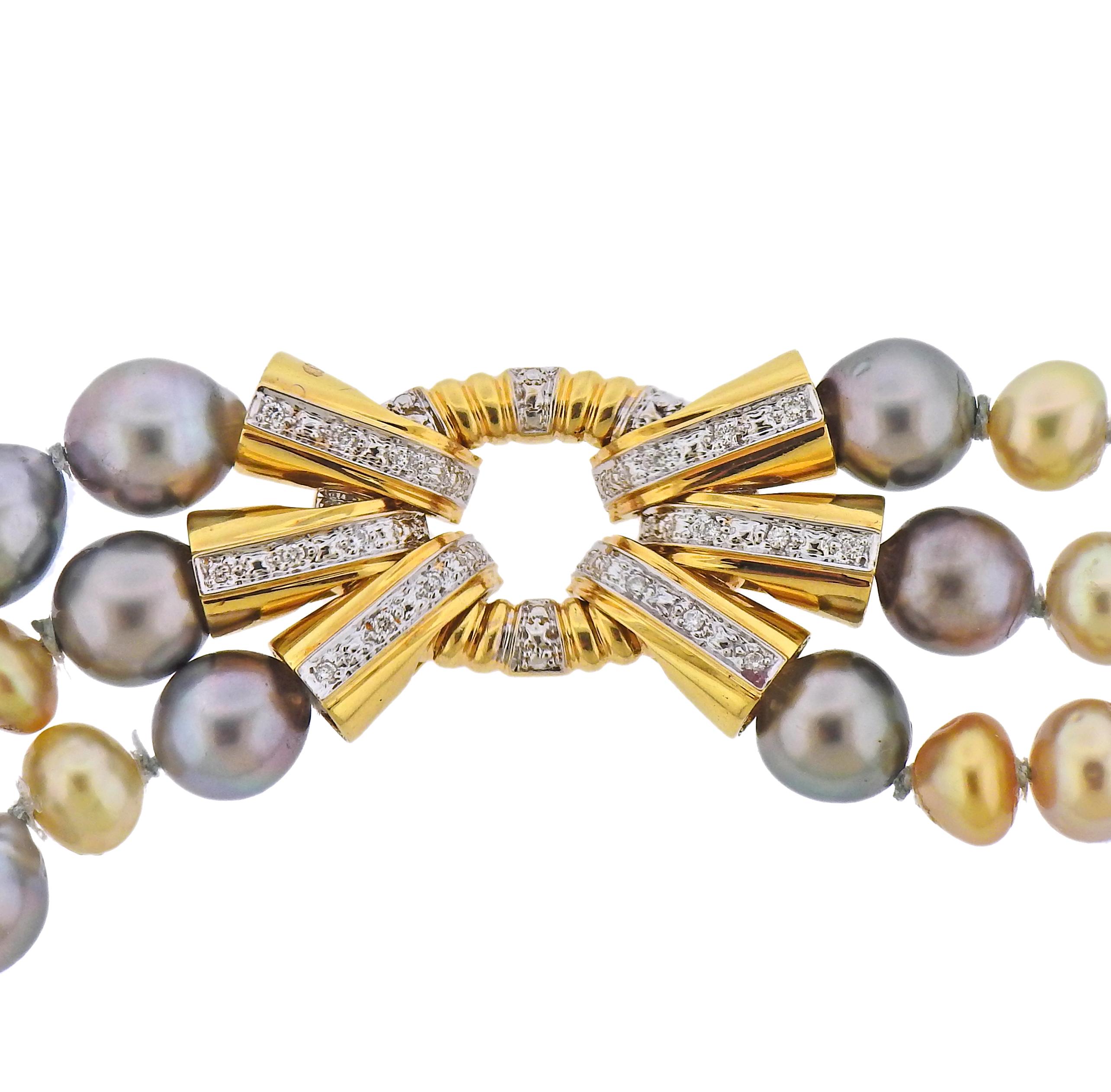 New 3 strand Assael necklace with Keshi Tahitian and Golden pearls - ranging in size from 7 to 11.5mm, and approx. 0.15ctw in G/VS diamonds. Retail $16500, comes with pouch.  Necklace is 17