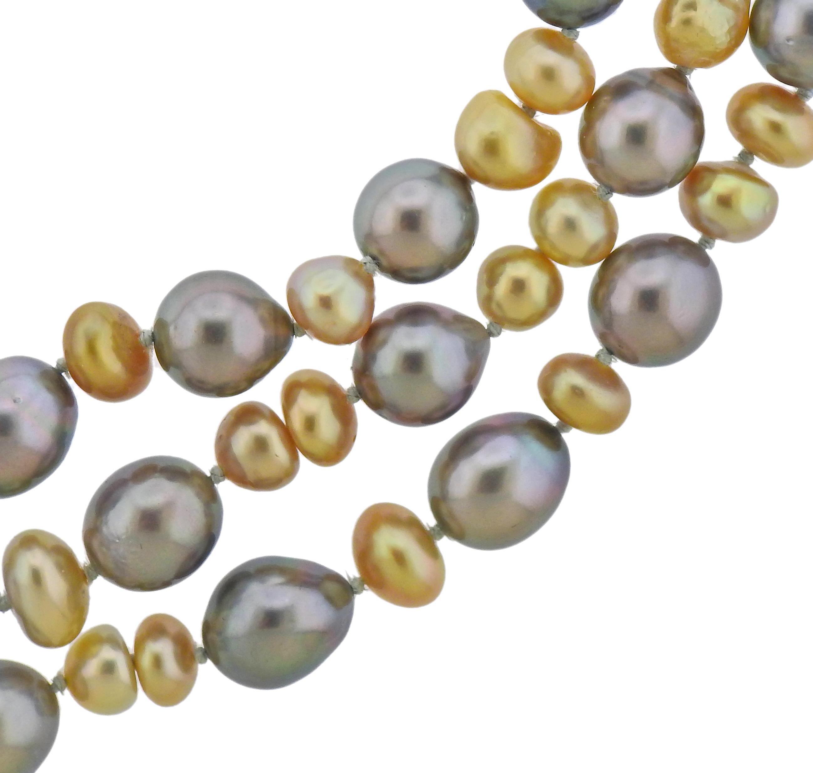 Round Cut Assael Keshi Pearl Diamond Gold Three-Strand Necklace For Sale