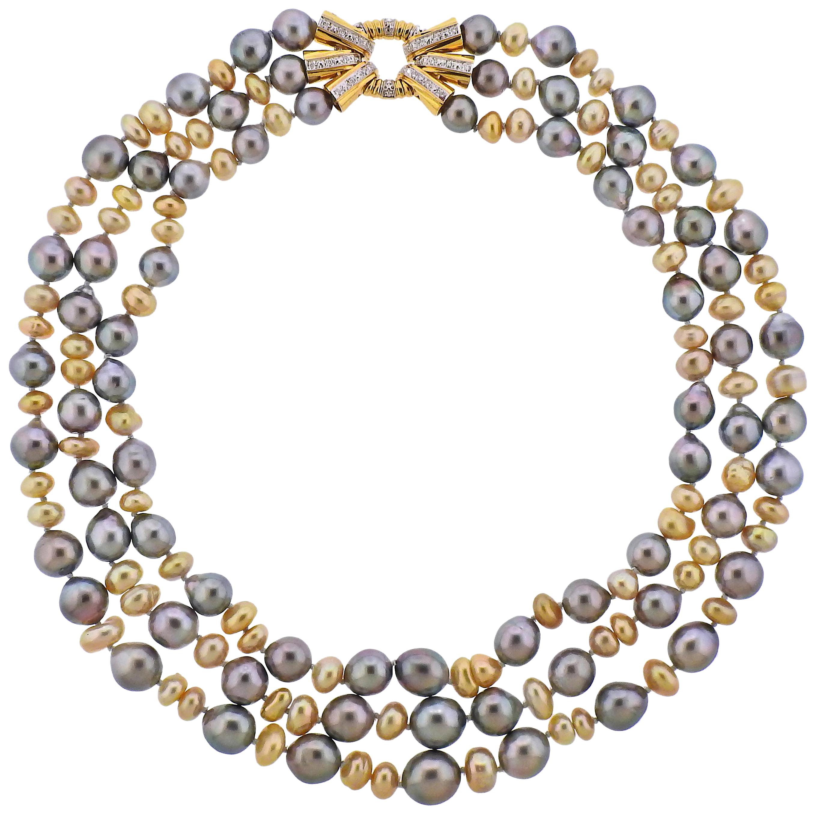 Assael Keshi Pearl Diamond Gold Three-Strand Necklace For Sale