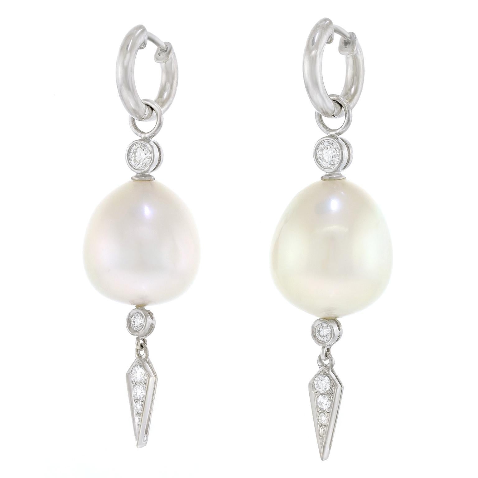 Round Cut Assael Pearl and Diamond Drop Earrings