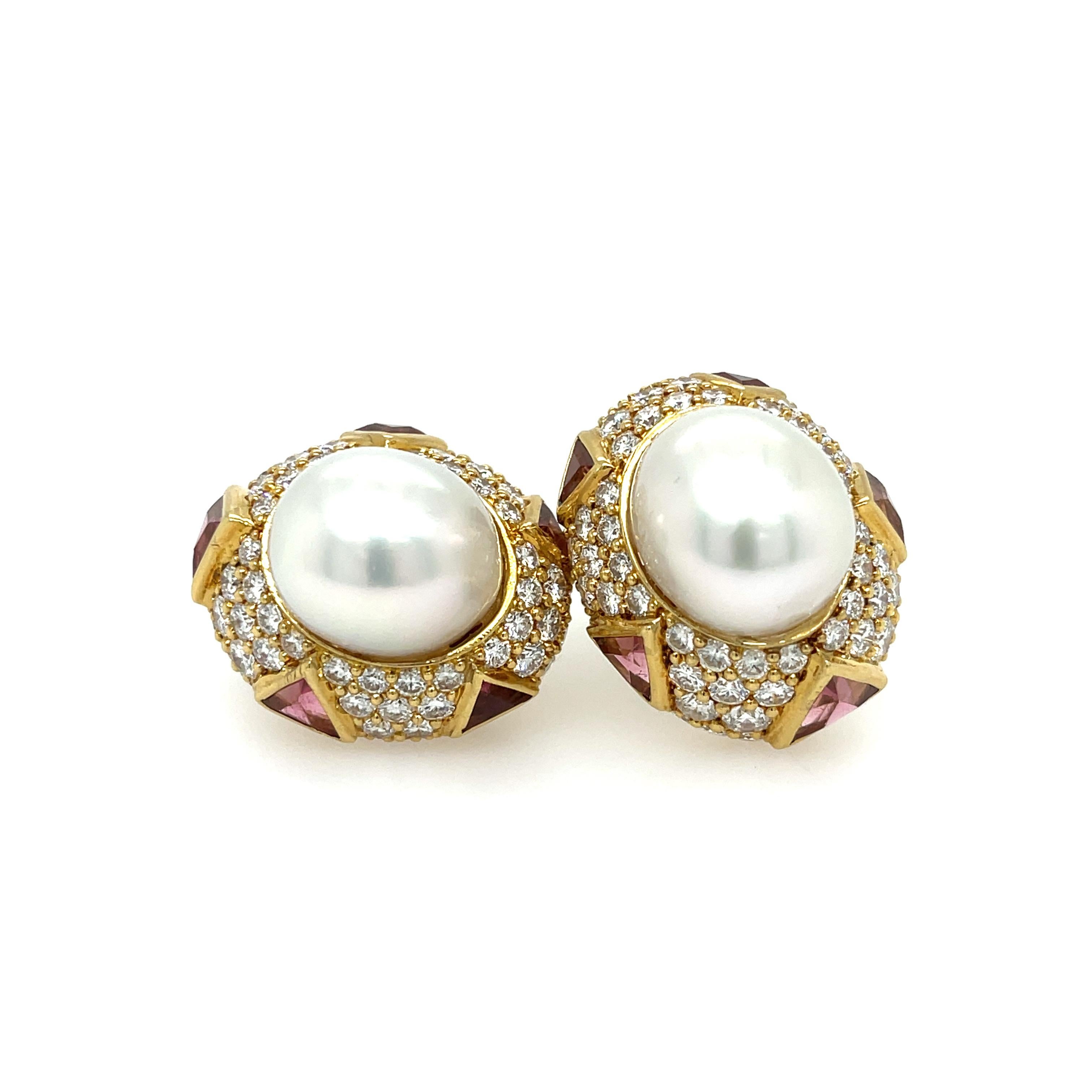 Round Cut Assael Pearl Diamond Tourmaline Earrings 18k Yellow Gold For Sale