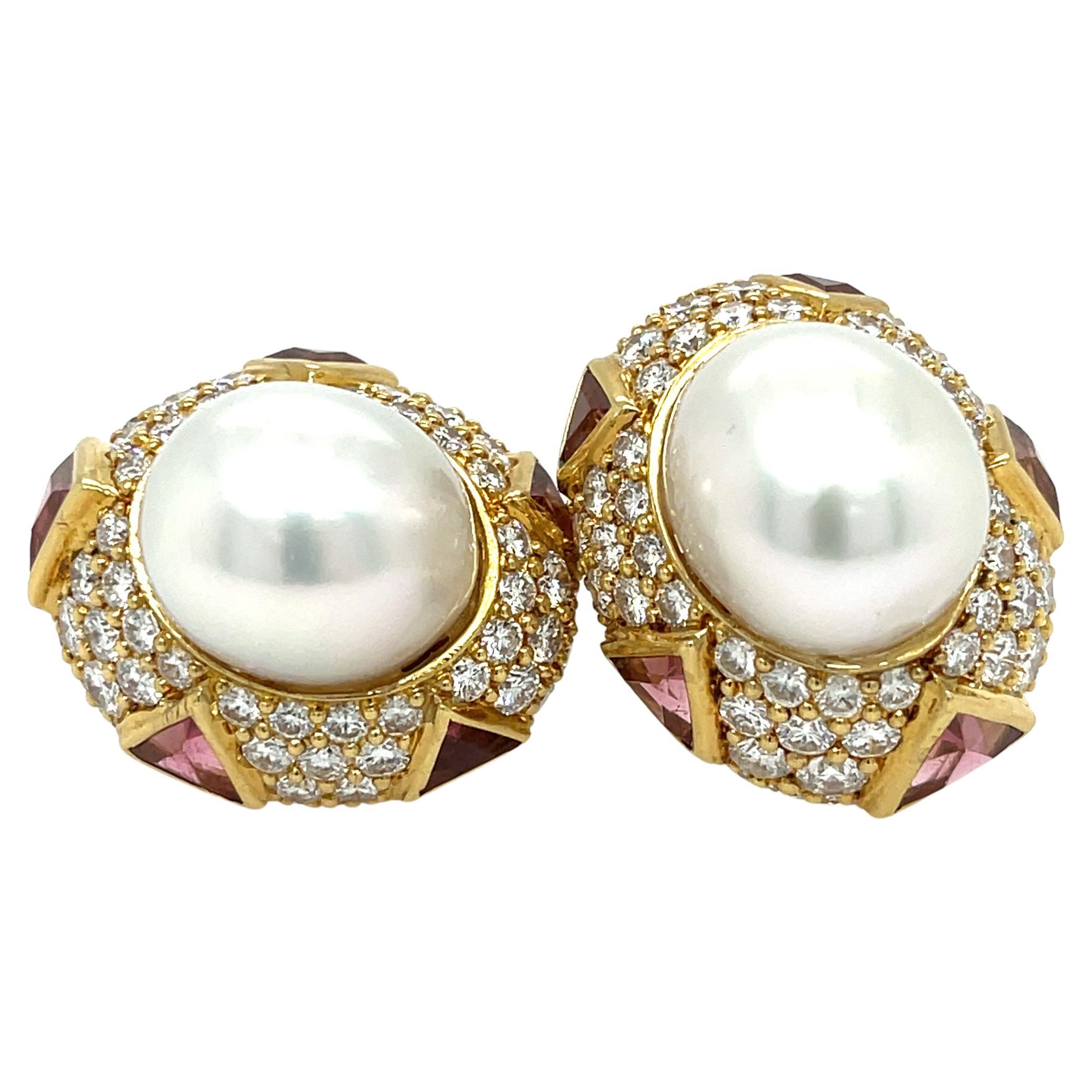 Assael Pearl Diamond Tourmaline Earrings 18k Yellow Gold For Sale