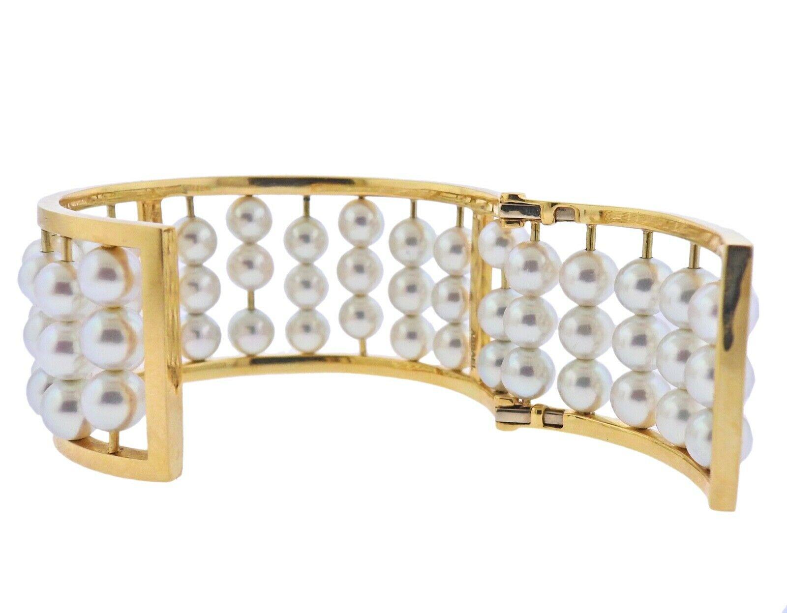 Round Cut Assael Pearl Gold Wide Bangle Bracelet For Sale