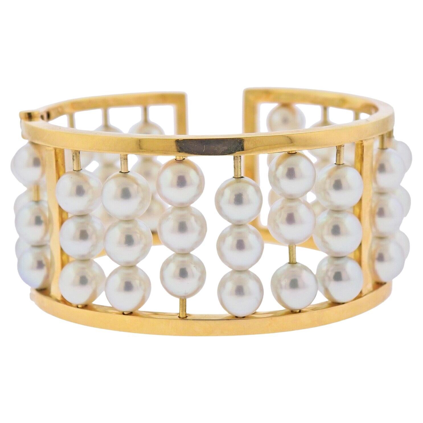 Assael Pearl Gold Wide Bangle Bracelet For Sale