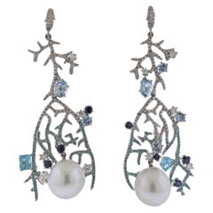 Assael Pearl Paraiba Tourmaline Diamond Aquamarine Gold Chandelier Earrings