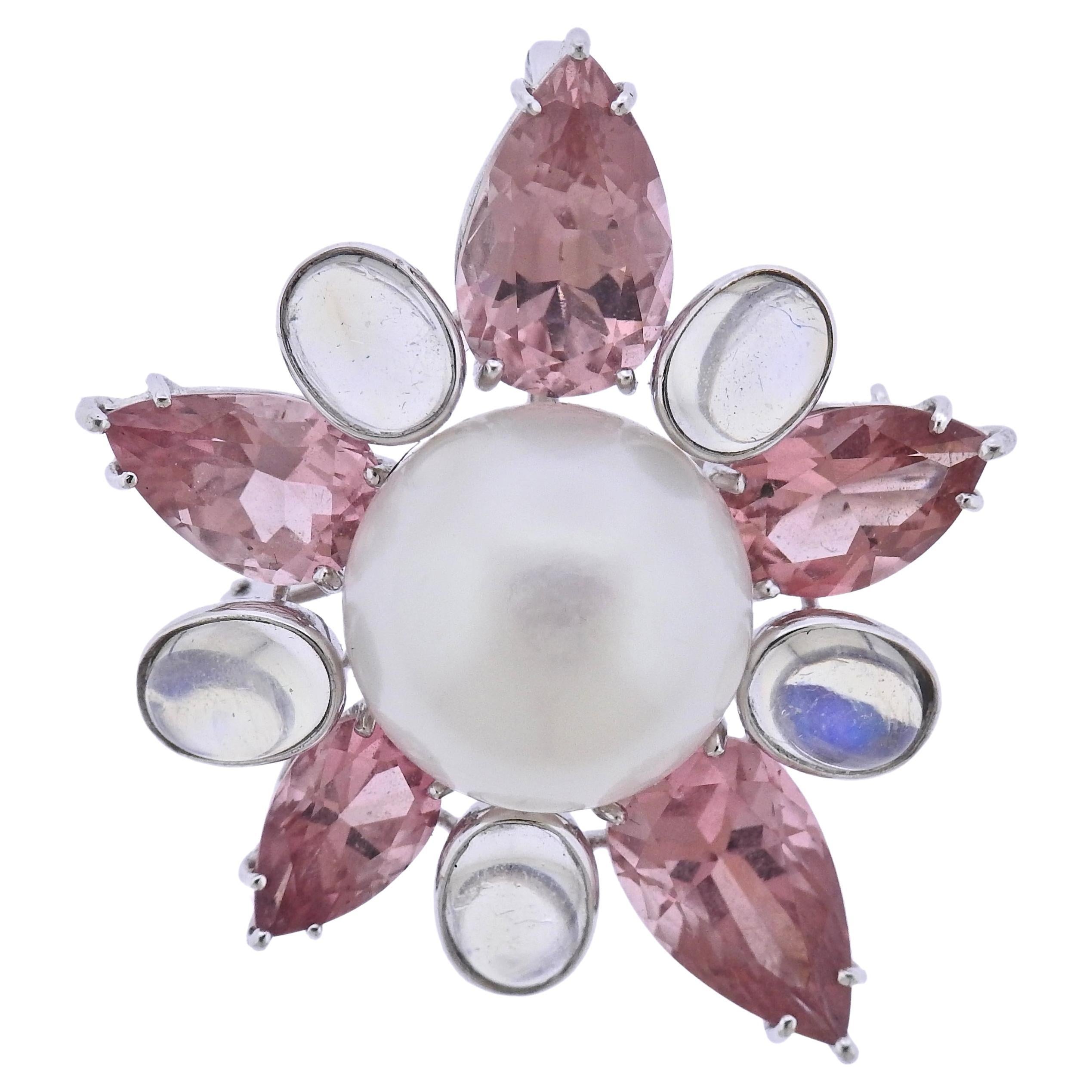 Assael Prince Dimitri South Sea Pearl Tourmaline Moonstone Gold Pendant Brooch