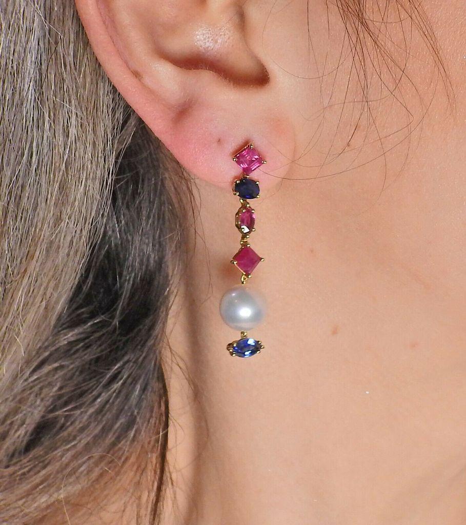 Square Cut Assael Ruby Sapphire Pearl Gold Earrings