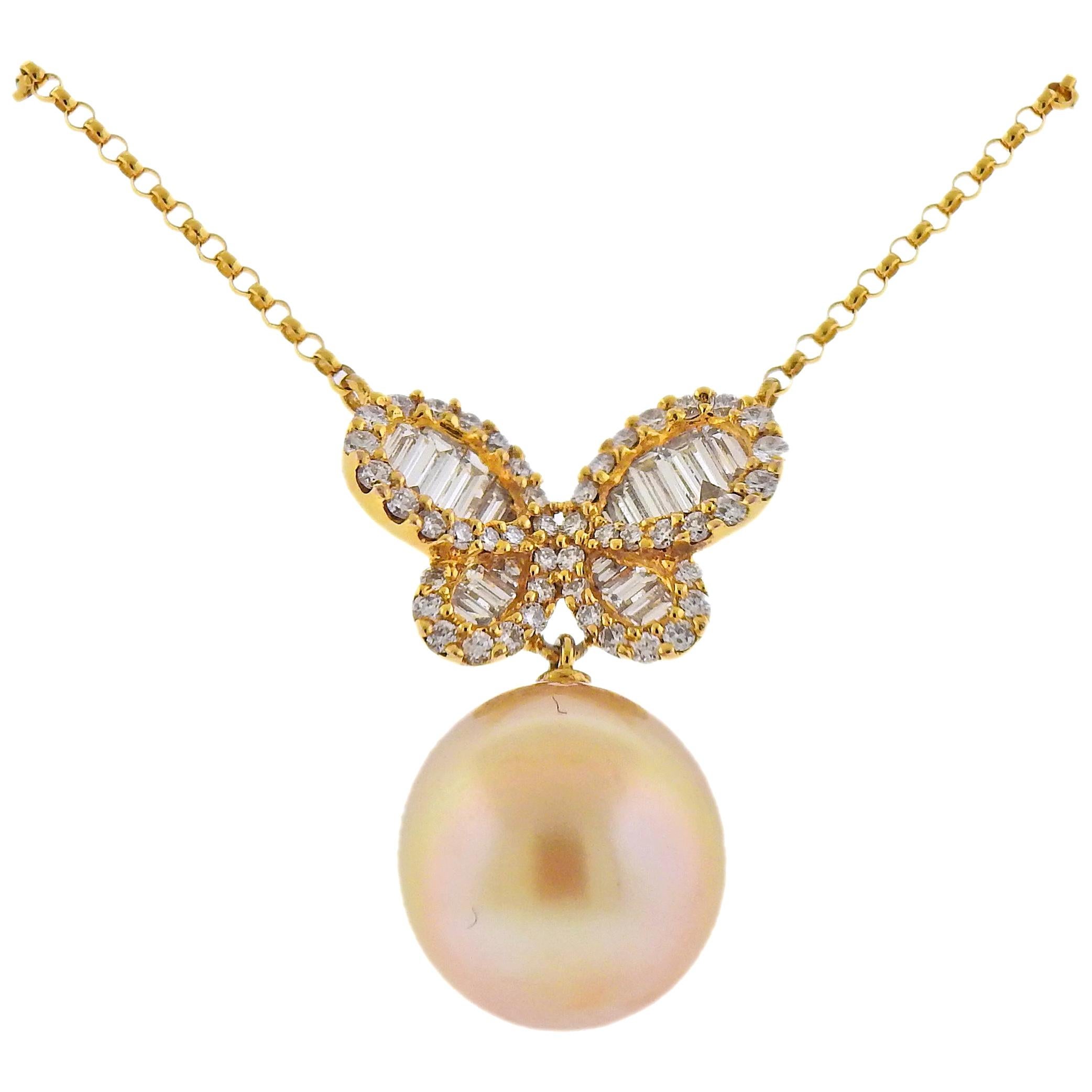Assael South Sea Pearl Diamond Gold Butterfly Pendant Necklace For Sale