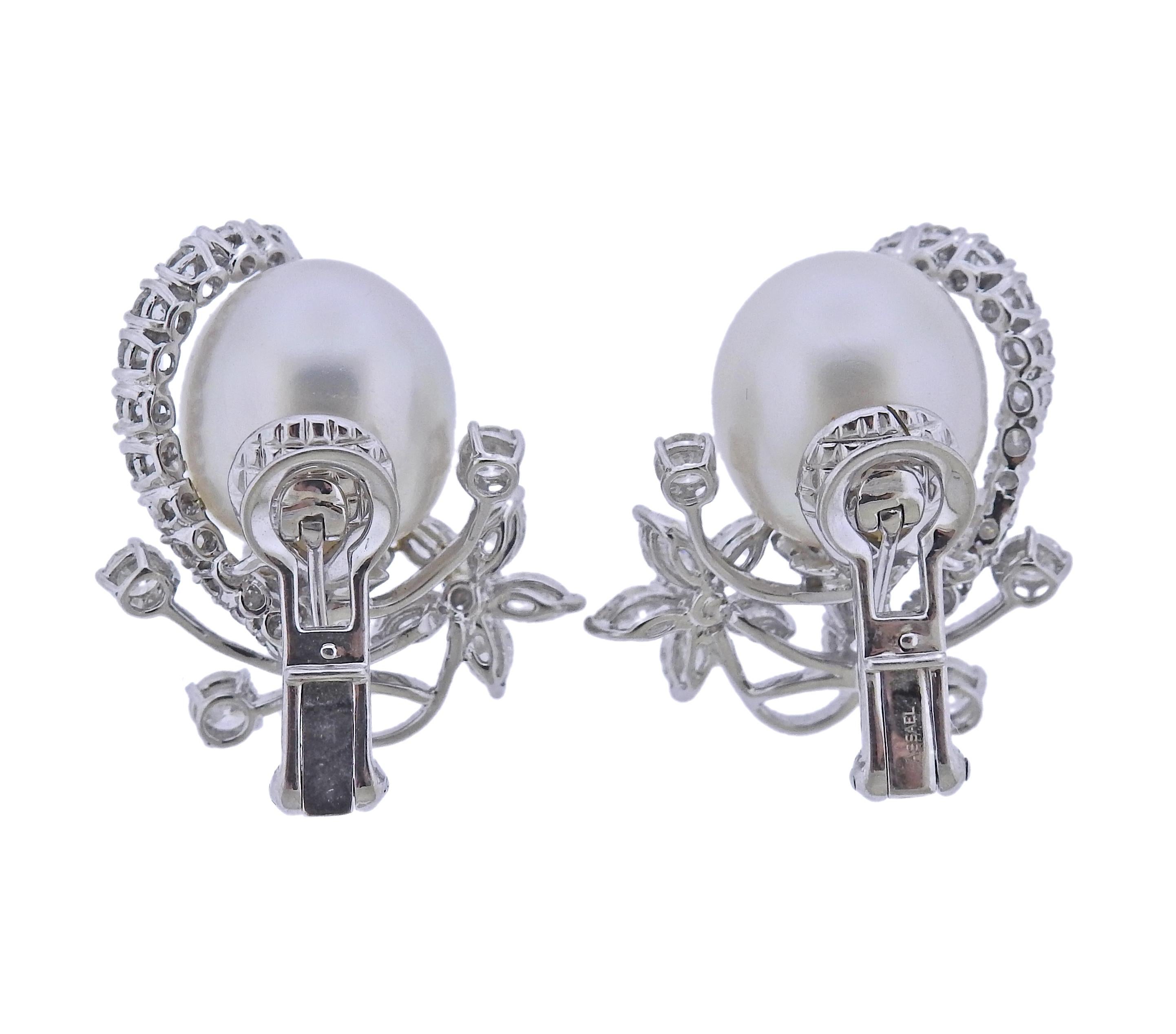 Round Cut Assael South Sea Pearl Diamond Gold Cocktail Earrings For Sale