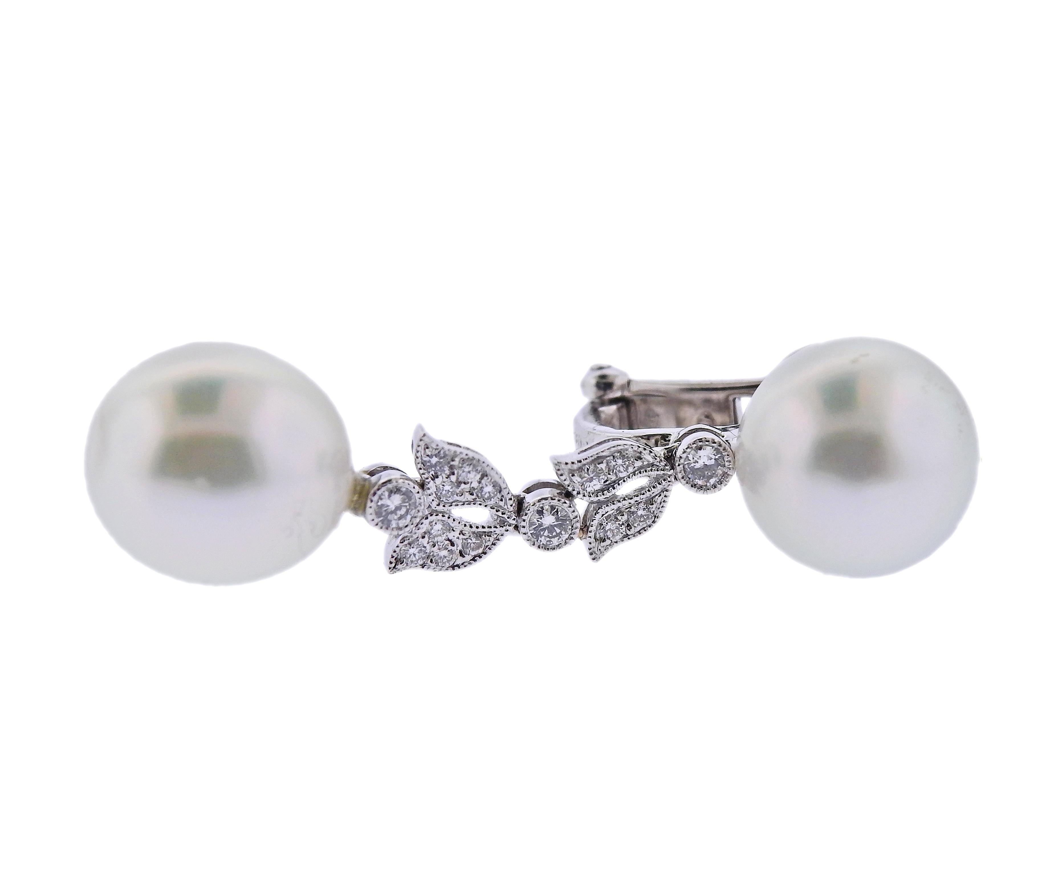 Round Cut Assael South Sea Pearl Diamond Gold Drop Earrings For Sale