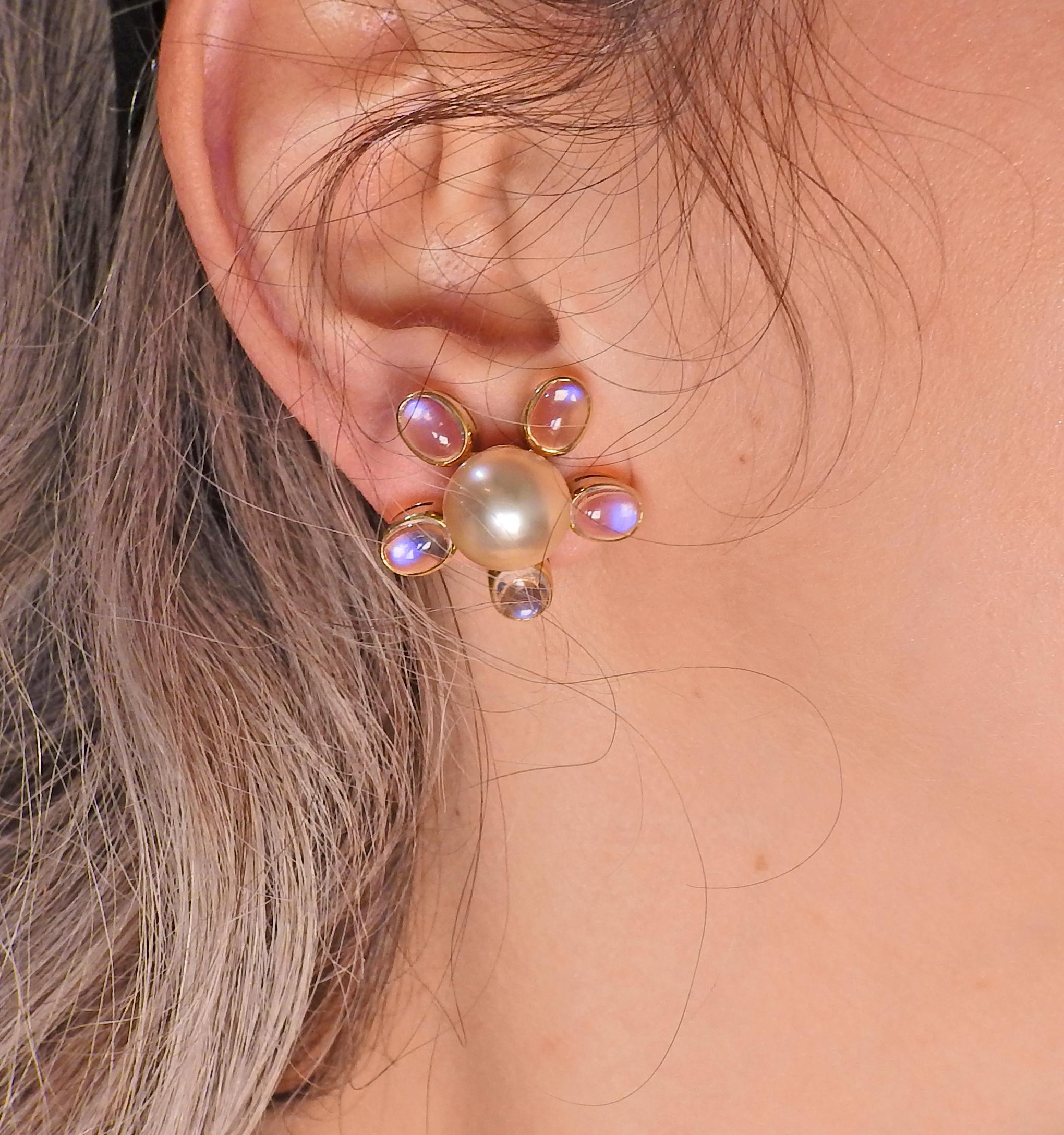 Cabochon Assael South Sea Pearl Moonstone Gold Flower Earrings For Sale