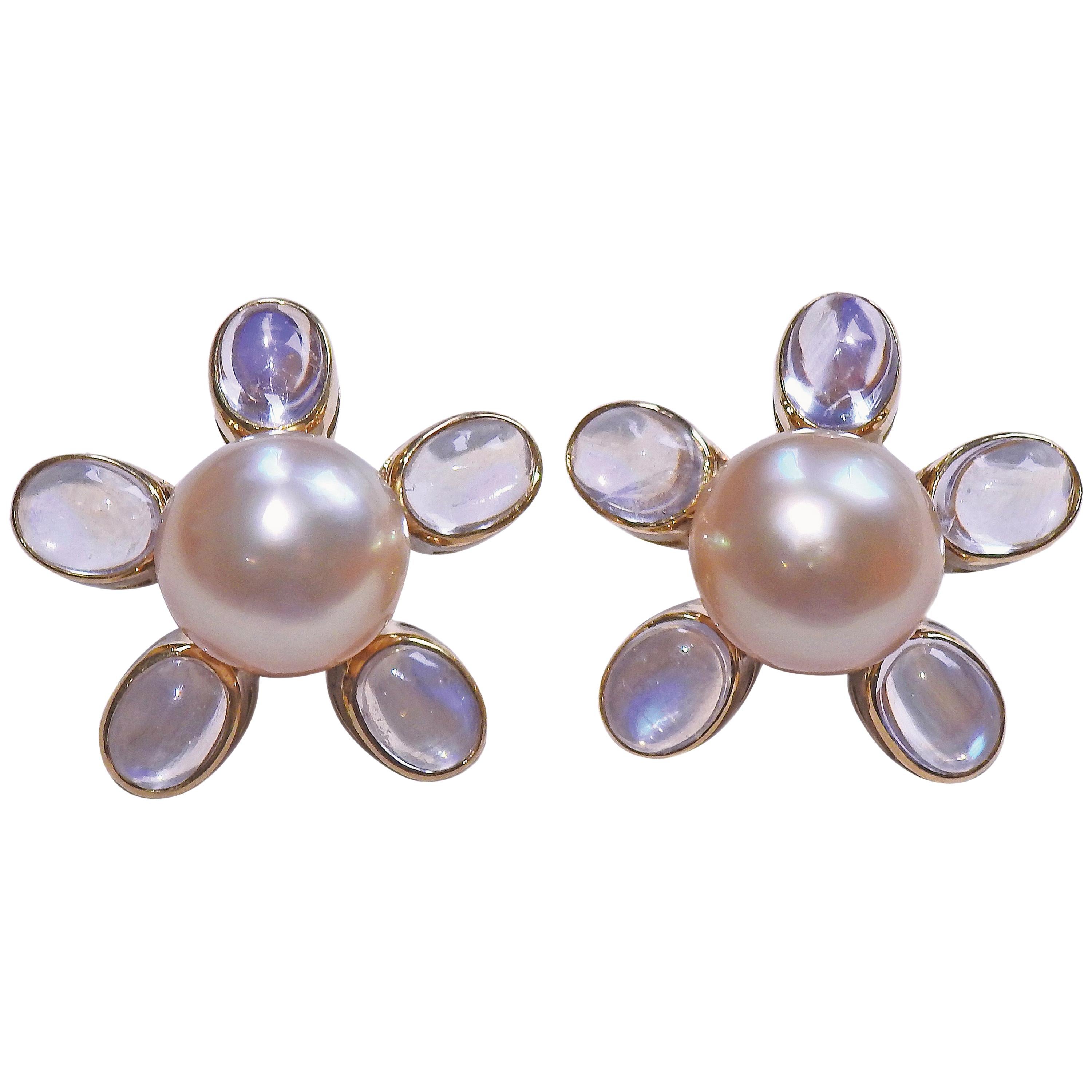 Assael South Sea Pearl Moonstone Gold Flower Earrings For Sale