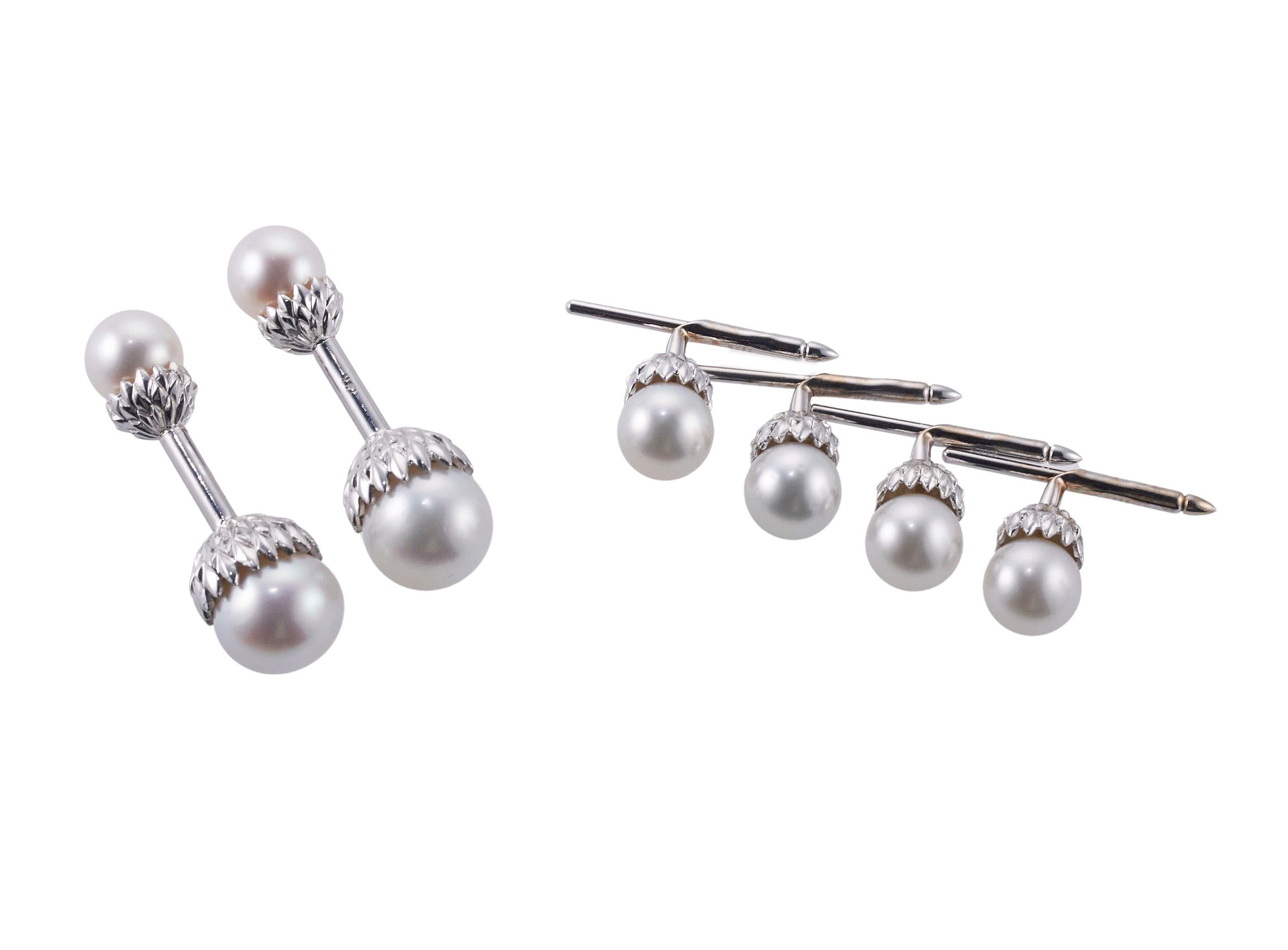 Round Cut Assael South Sea Pearl White Gold Cufflinks Stud Set For Sale