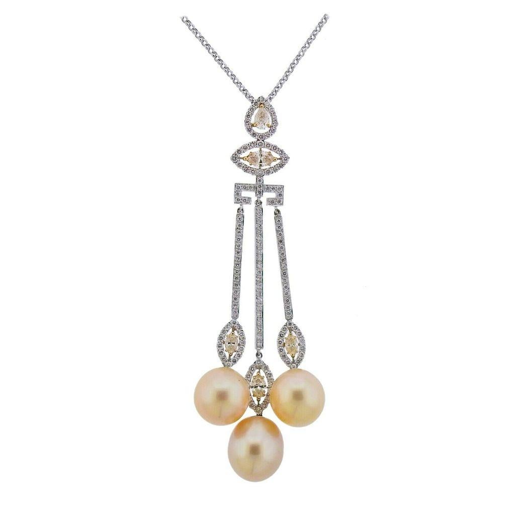 New 18k white gold necklace, by Assael. Set with 3.00ctw VS/G/yellow diamonds, and pearls. Necklace - 15.5