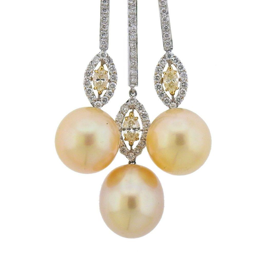 Marquise Cut Assael South Sea Pearl Yellow Diamond Gold Pendant Necklace For Sale