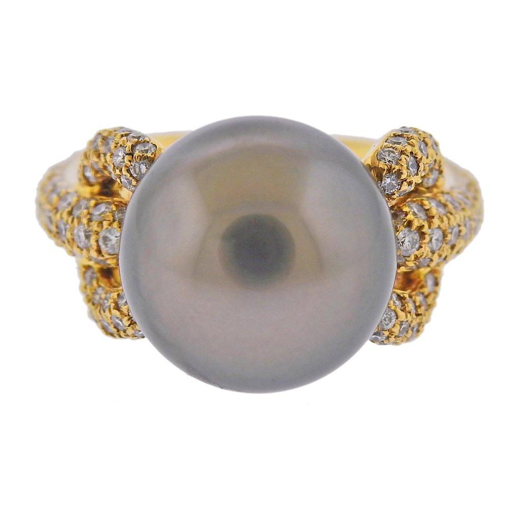 New 18k yellow gold cocktail ring, by Assael. Set with 1.16ctw of VS/G diamonds.  Ring size - 7, South Sea Tahitian pearl - 13.2mm. Marked - 750, Assael. Weight - 8.8 grams. Retail $7200.
