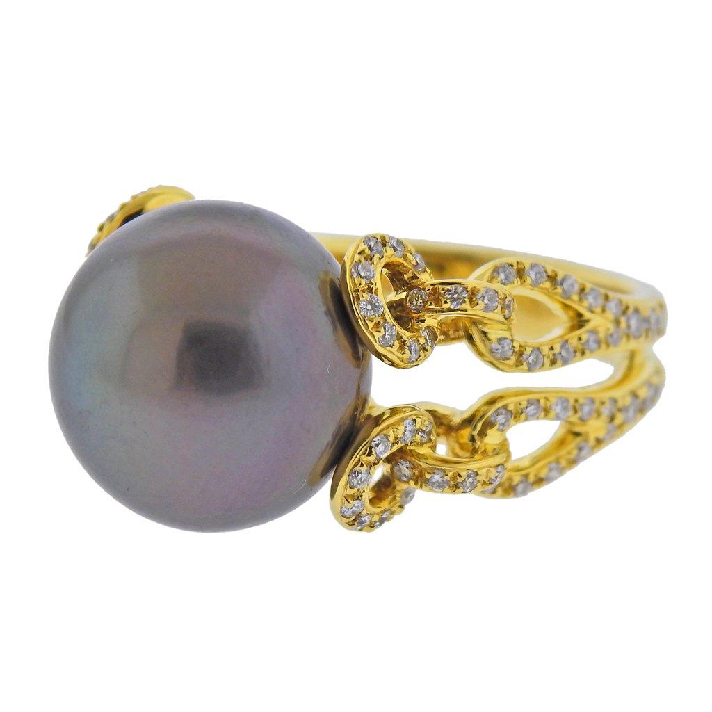 Round Cut Assael South Sea Tahitian Pearl Diamond Gold Cocktail Ring For Sale