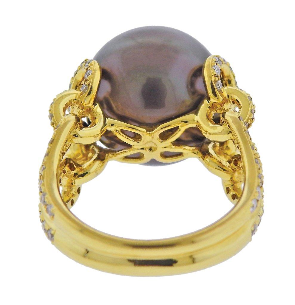 Assael South Sea Tahitian Pearl Diamond Gold Cocktail Ring In New Condition For Sale In Lambertville, NJ
