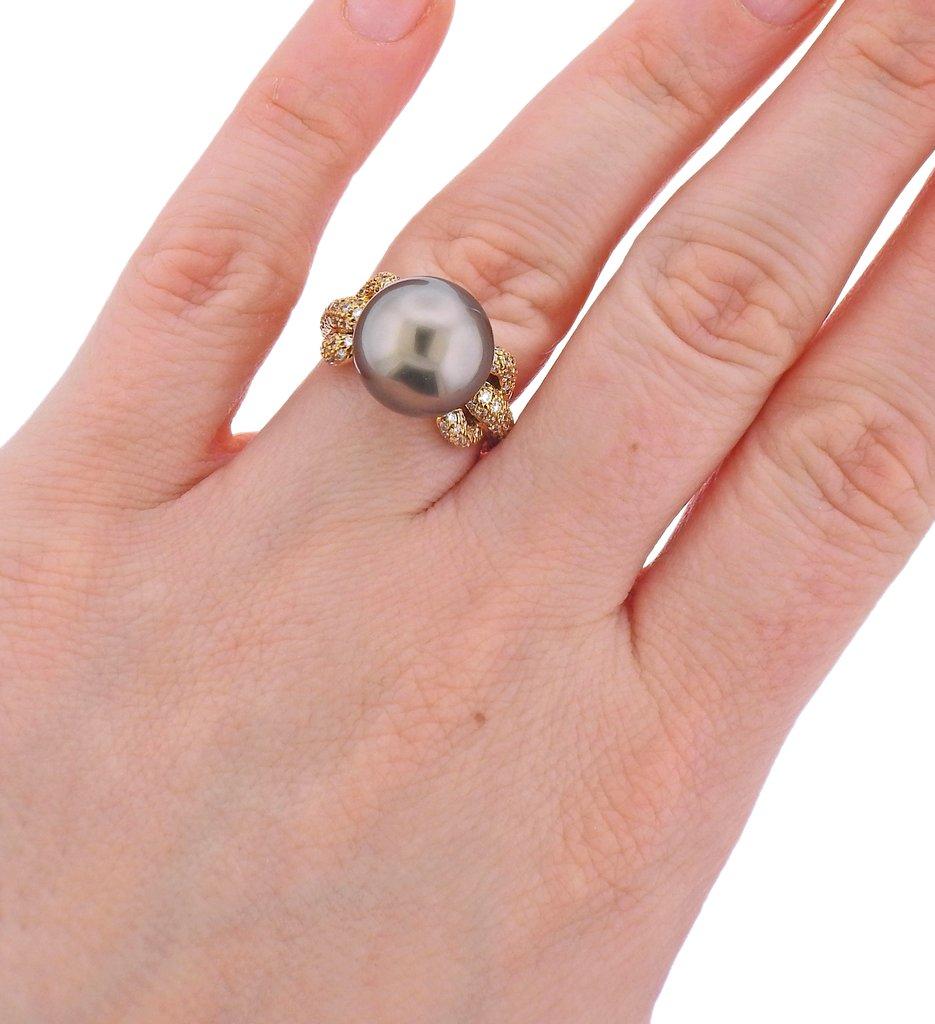 Women's Assael South Sea Tahitian Pearl Diamond Gold Cocktail Ring For Sale