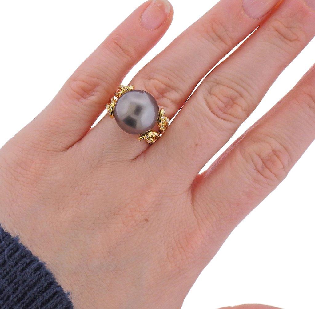 Assael South Sea Tahitian Pearl Diamond Gold Cocktail Ring For Sale 1