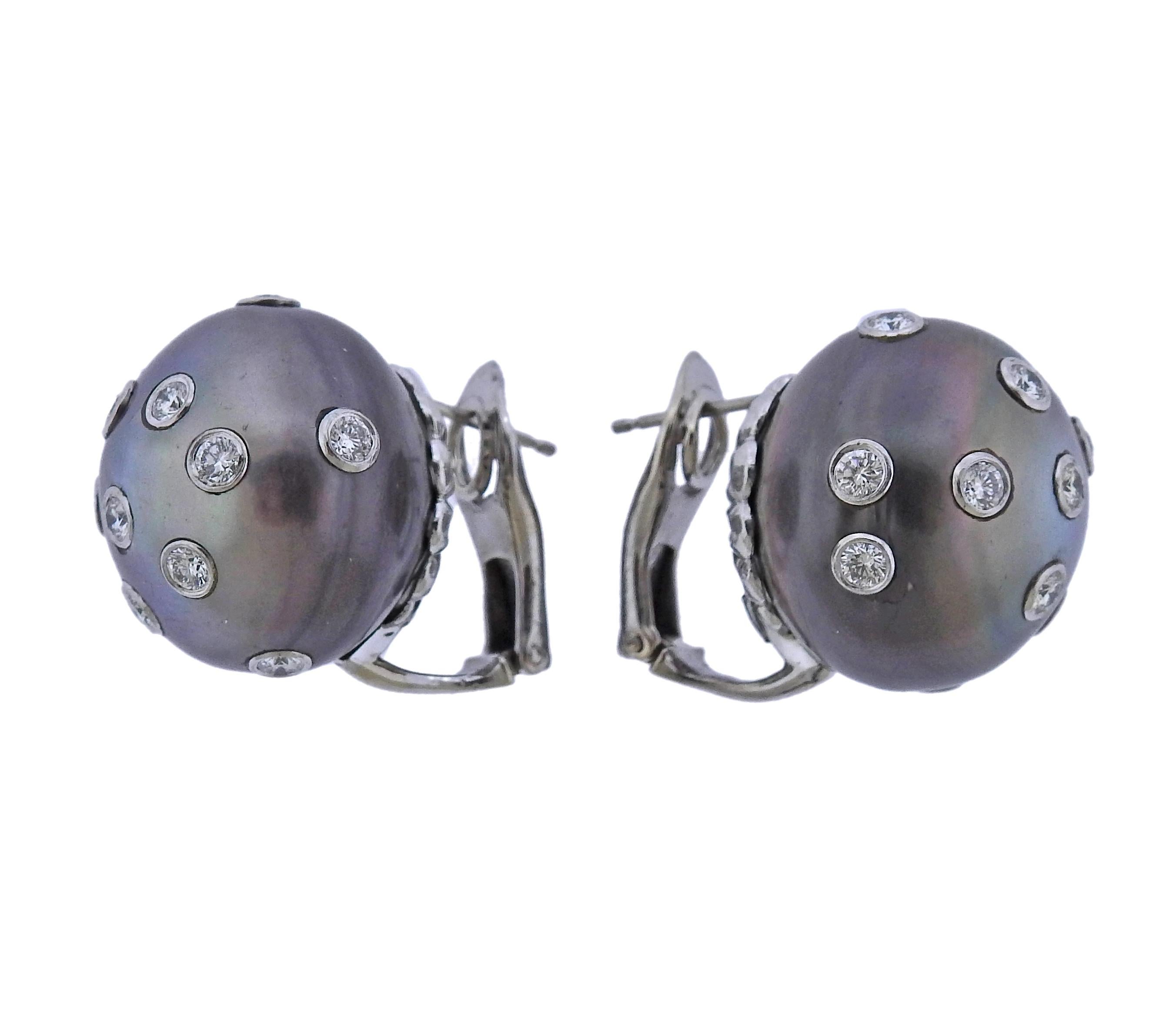 Pair of  platinum new without tags earrings by Assael, with 19.4mm South Sea Tahitian pearls and 1.32ctw G/VS diamonds. Retail $27200. Come with pouch.  Earrings are 19.4-19.5mm in diameter. Weight - 30.8 grams. Marked: Assael, PT950.