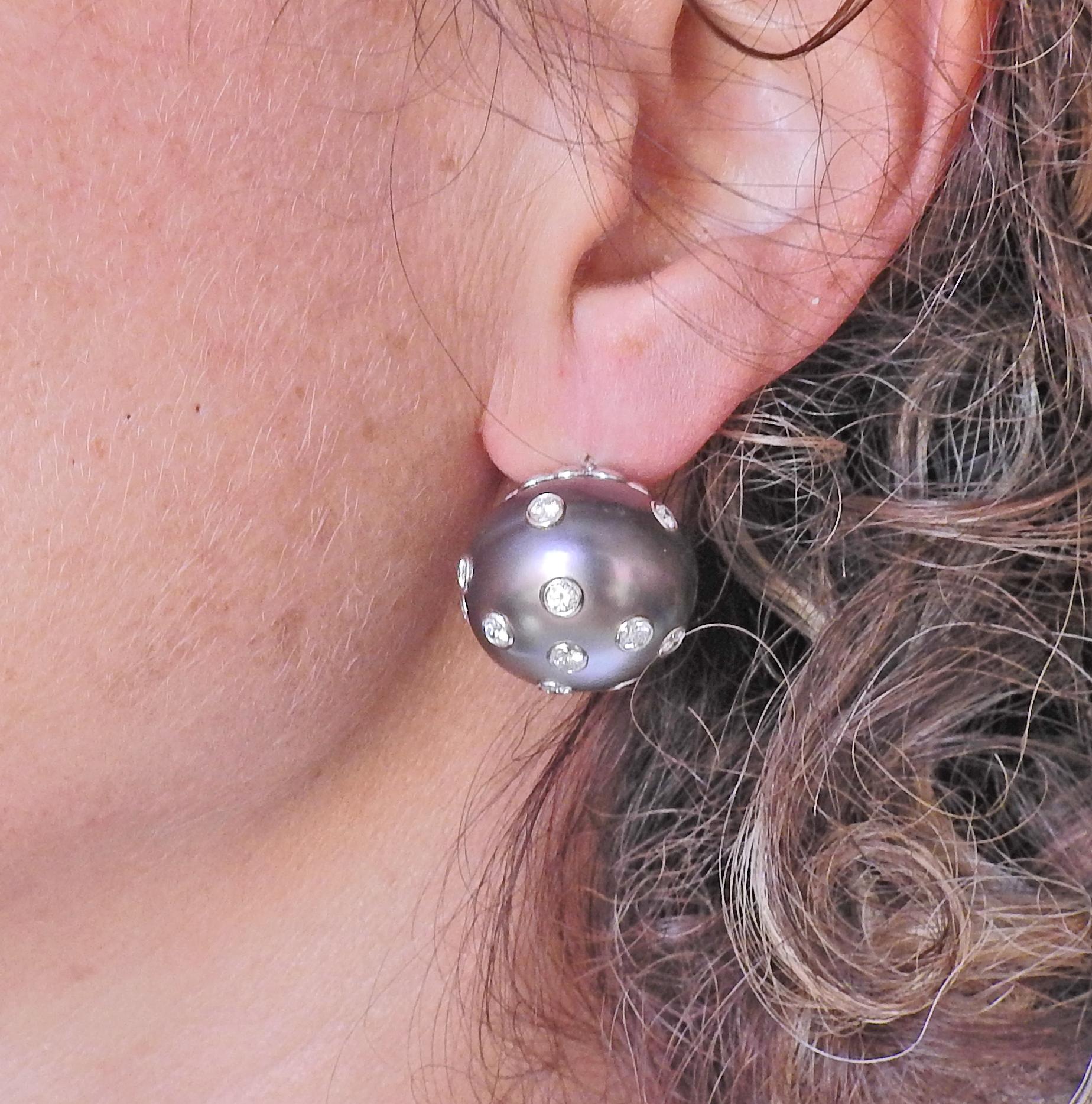 Assael South Sea Tahitian Pearl Diamond Platinum Earrings In New Condition For Sale In Lambertville, NJ