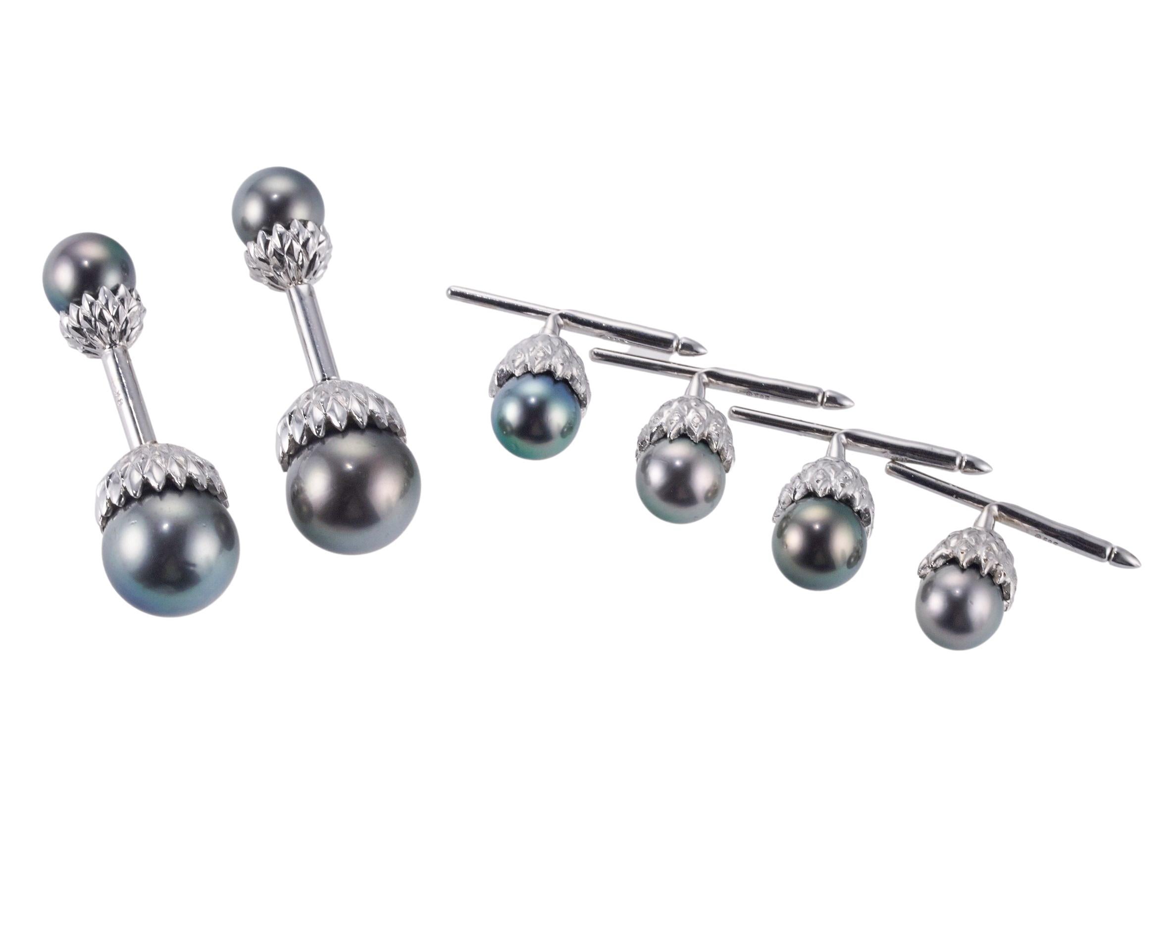 Round Cut Assael South Sea Tahitian Pearl White Gold Cufflinks Stud Set For Sale