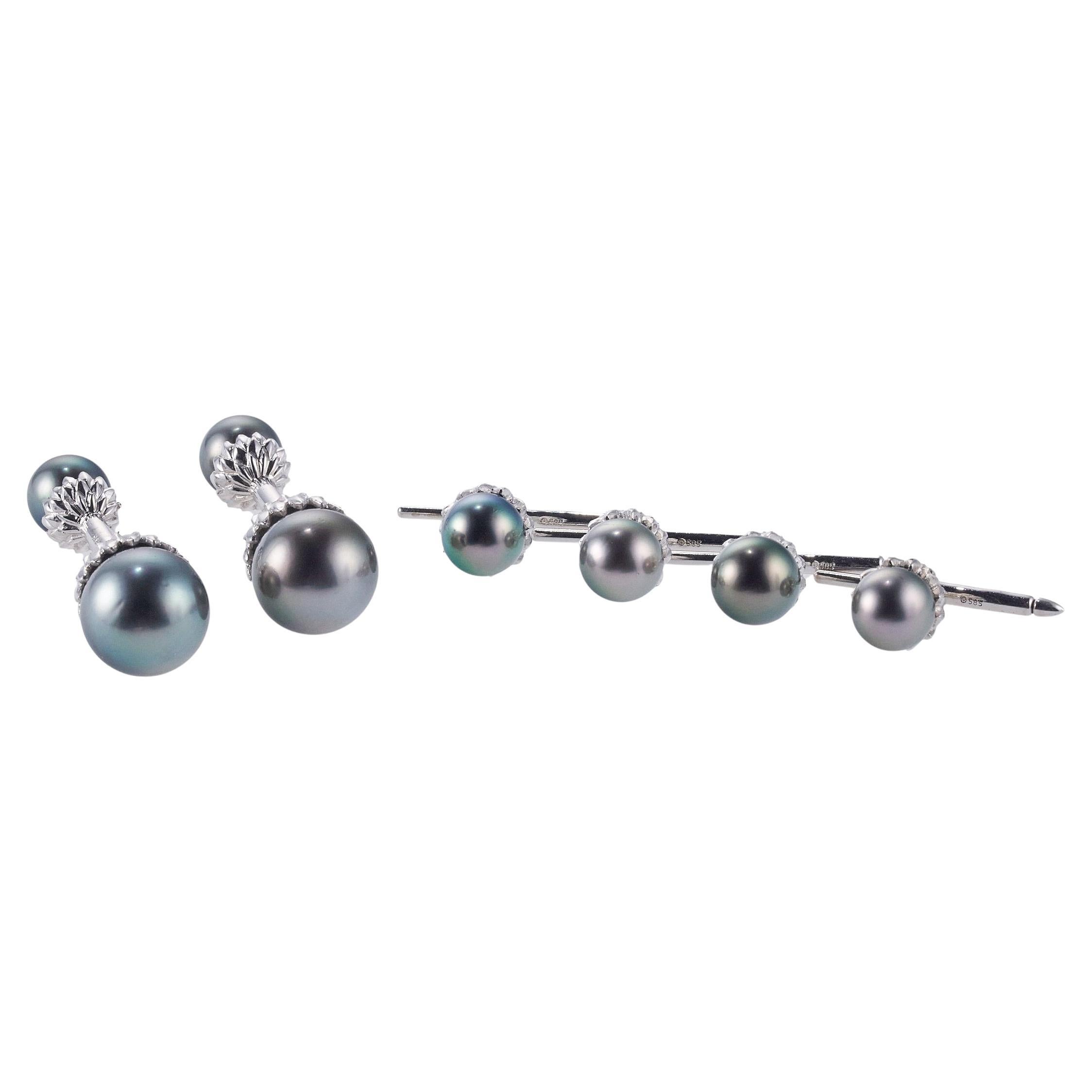 Assael South Sea Tahitian Pearl White Gold Cufflinks Stud Set For Sale